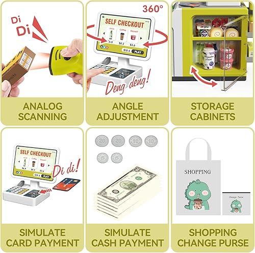 Miniatura 4 de Juego de caja registradora para niños – 48 piezas de dinero de simulación, calculadora, escáner, tarjeta de crédito y comida de juego para niños