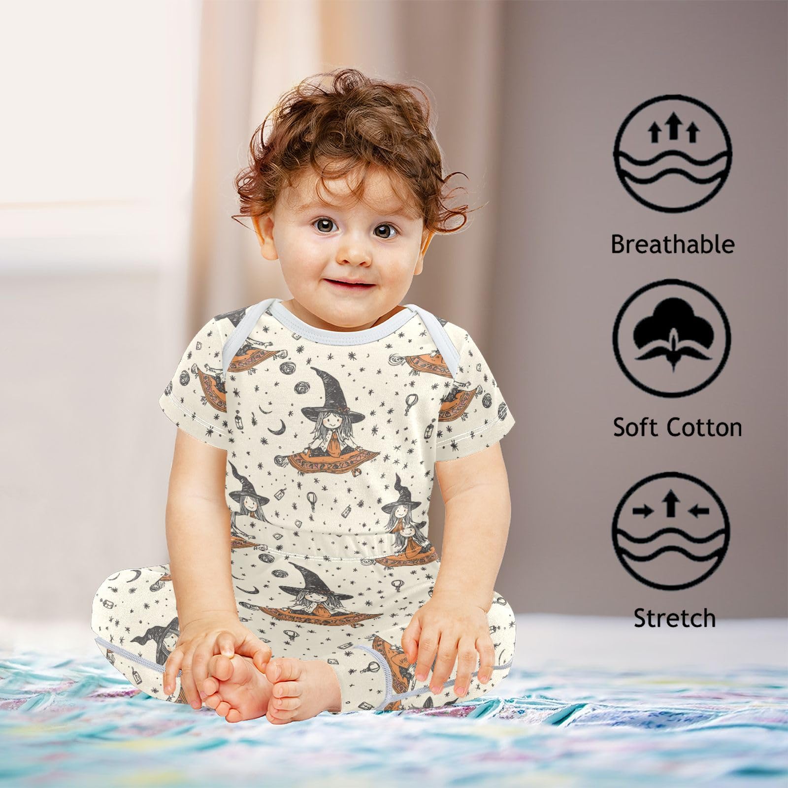 vvfelixl Baby Clothes Cartoon Witch on Flying Carpet Baby Bodysuits Set Unisex Short Sleeve Babys Pants Sets 0-3M