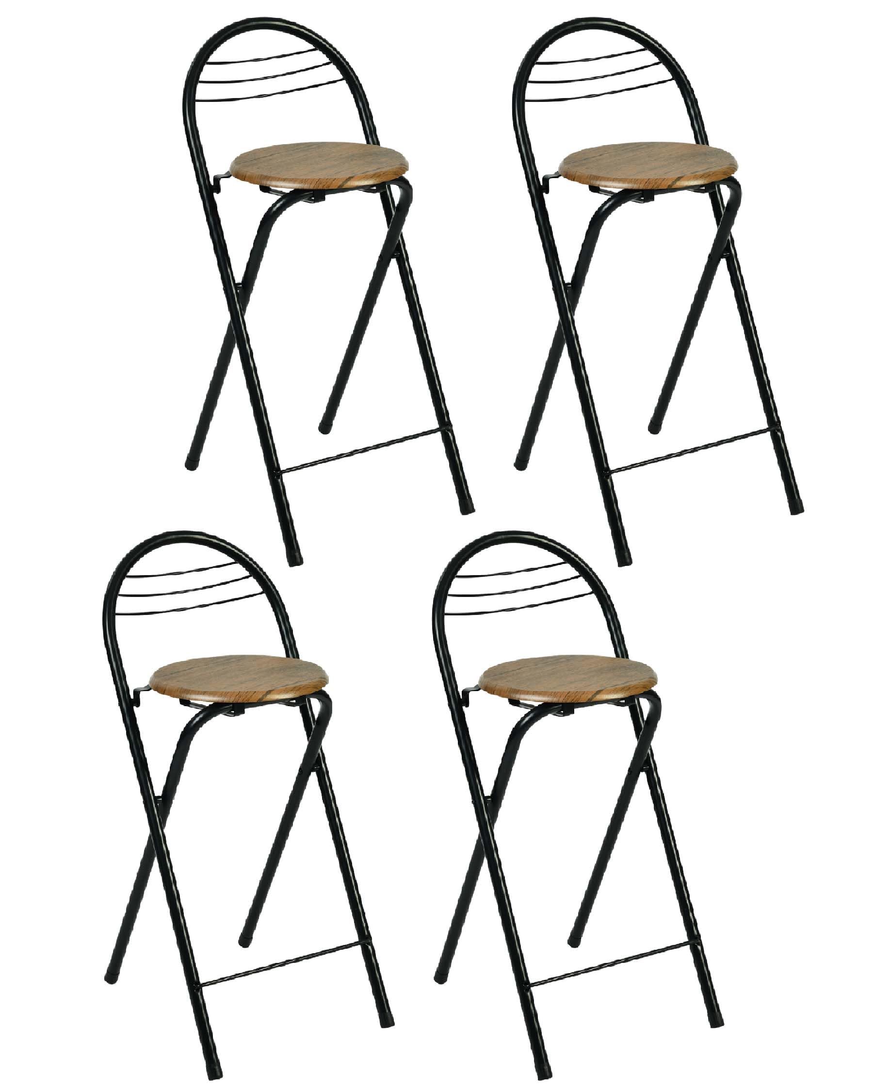 Lot de 4 Tabouret Bar Pliant Noir Tabouret Pliable avec Dossier, Chaise de Bar Pliante en Métal avec Siège en Bois et Repose-Pied, Intérieur & Extérieur, Hauteur 60 cm