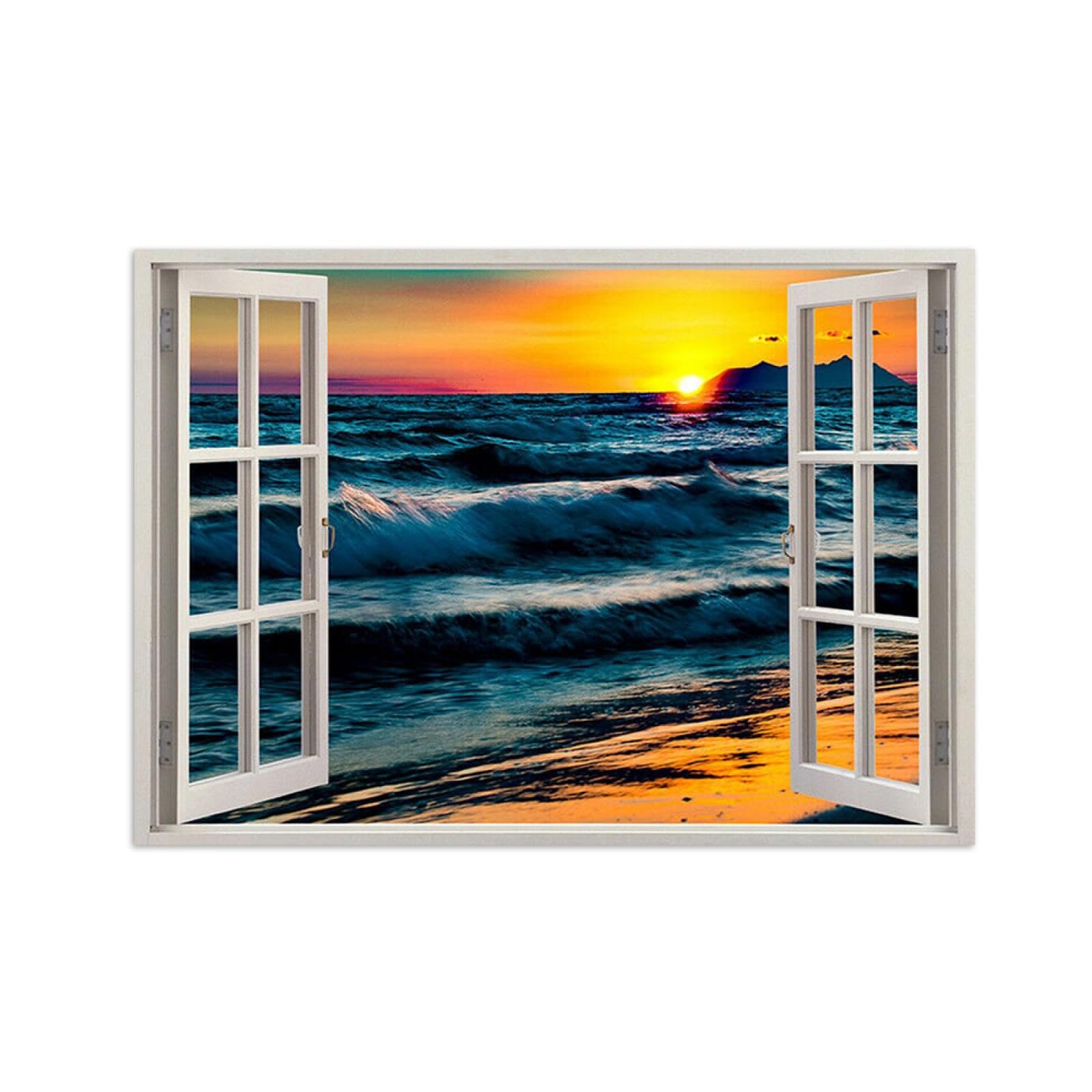 SDYSKKUG Fensterblick Bild. Meer wellen Sonnenuntergang. Landschaftsbilder Druck auf Leinwand. Wandbilder Wohnzimmer Wanddekoration 115x80cm Ungerahmt