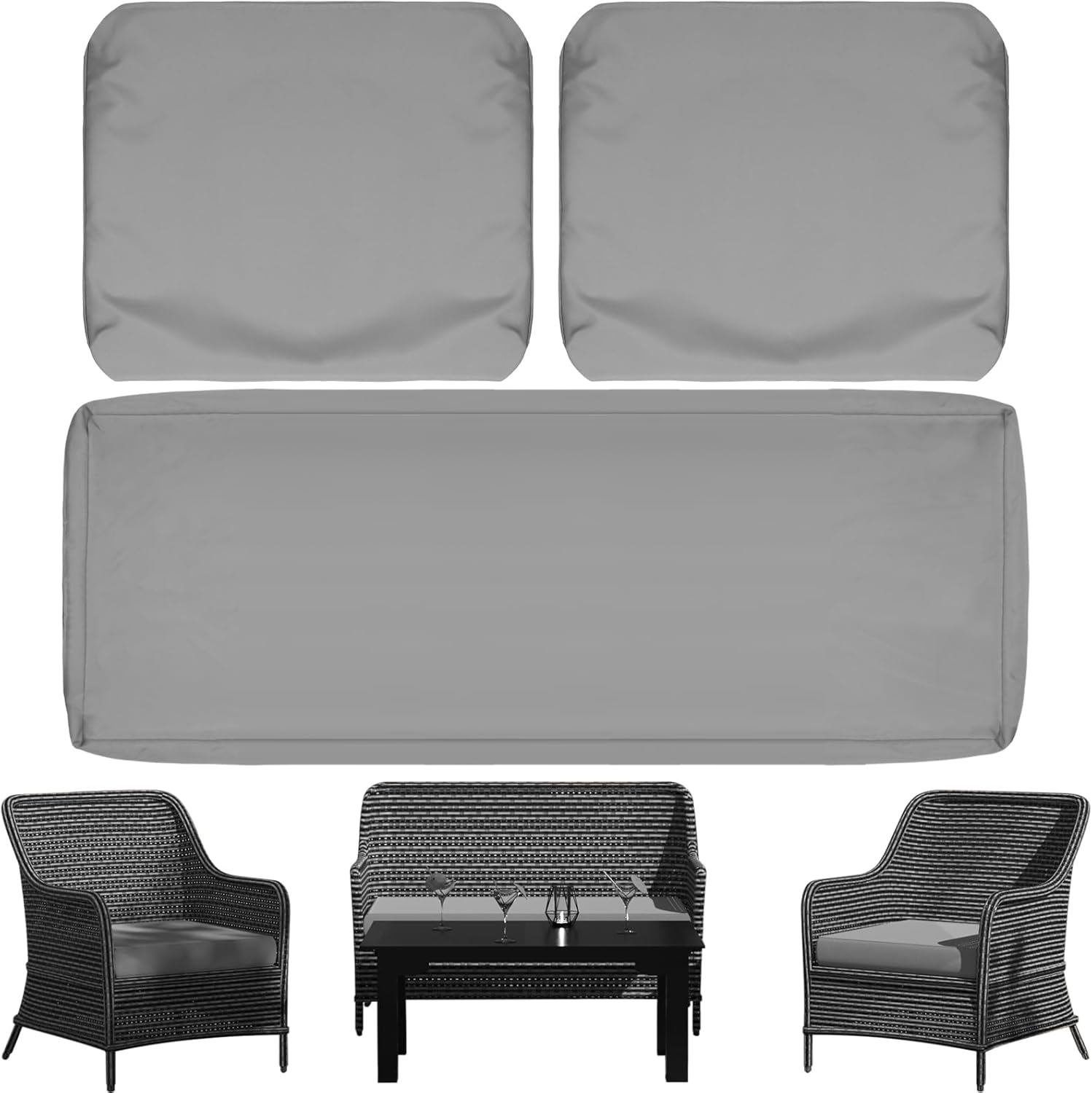 3 Pack Outdoor Patio Seat Cushions Replacement Covers Fit for 4 Pieces 4-Seater Wicker Rattan Patio Conversation Set Loveseat Chair Couch