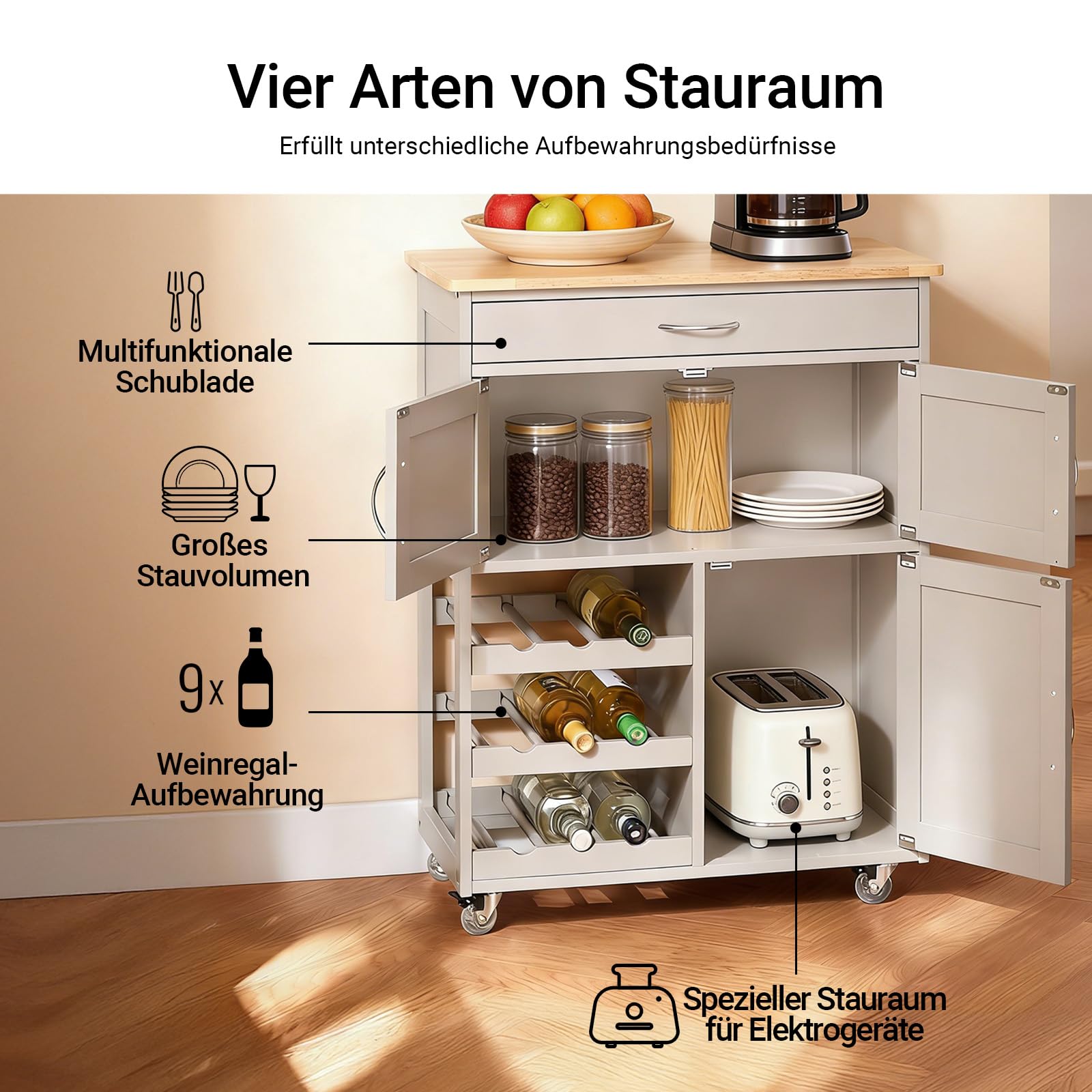 SoBuy Servierwagen mit Rollen und Weinregal 67 × 86 × 38 cm kleine Küchen | Küchenwagen mit Arbeitsplatte aus Kautschukholz und Schublade – ideal als Kaffeewagen oder Beistellwagen MDF FKW45-KA