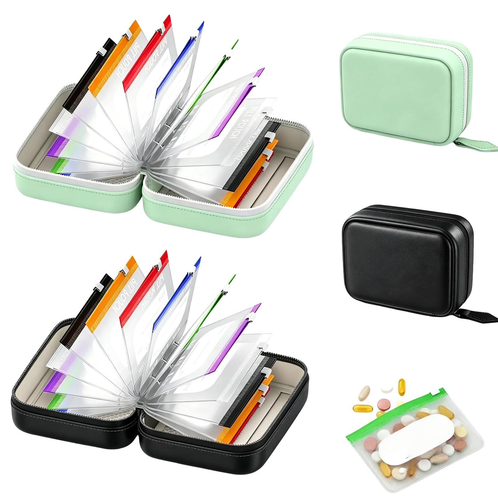 Waterproof Pill Pouches for Travel, Weekly Pill Organizer with 14 Labels Bags for Vitamins, Cod Liver Oil, Supplements and Medication (All)