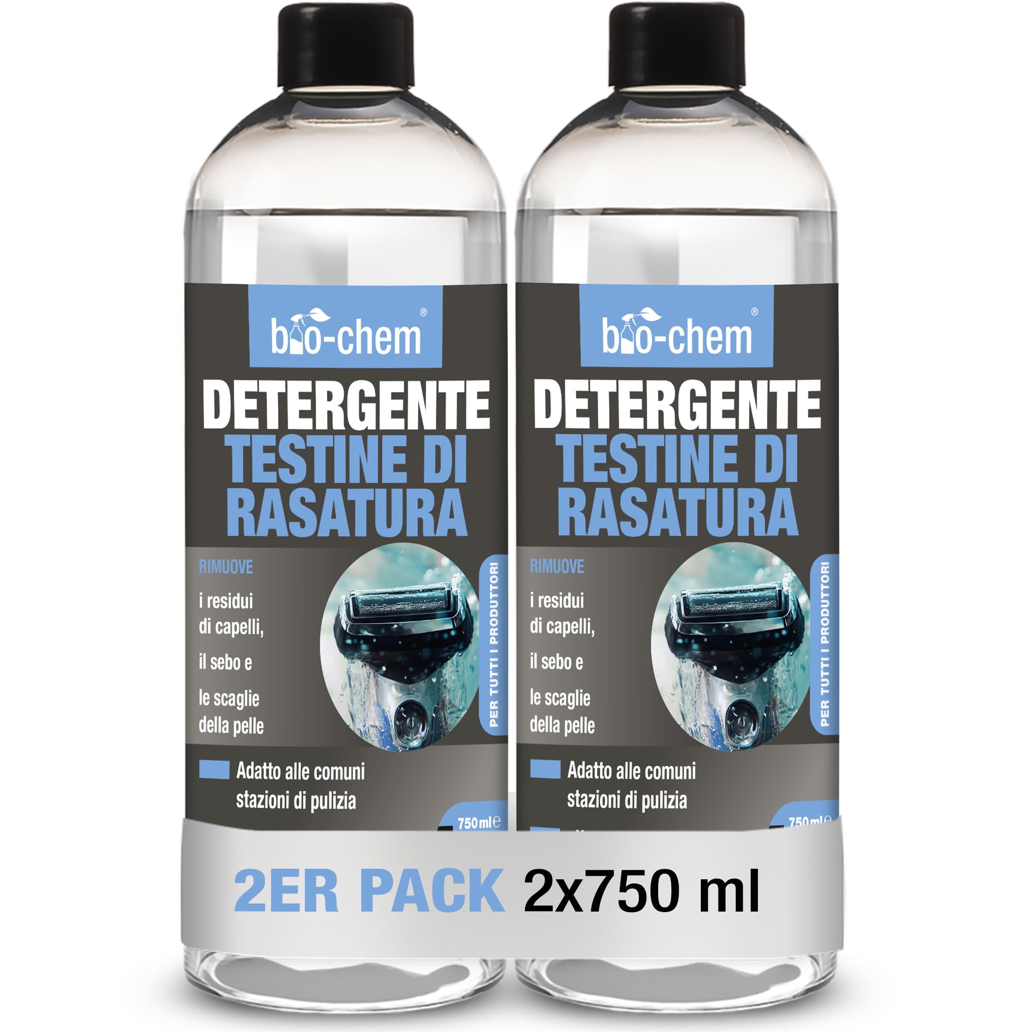 Bio-Chem - Detergente per testine di rasoio 2 x 750ml - Detergente per testine di rasoio per uomini e donne - Adatto a tutte le marche di rasoi - Manutenzione delle testine di rasoio