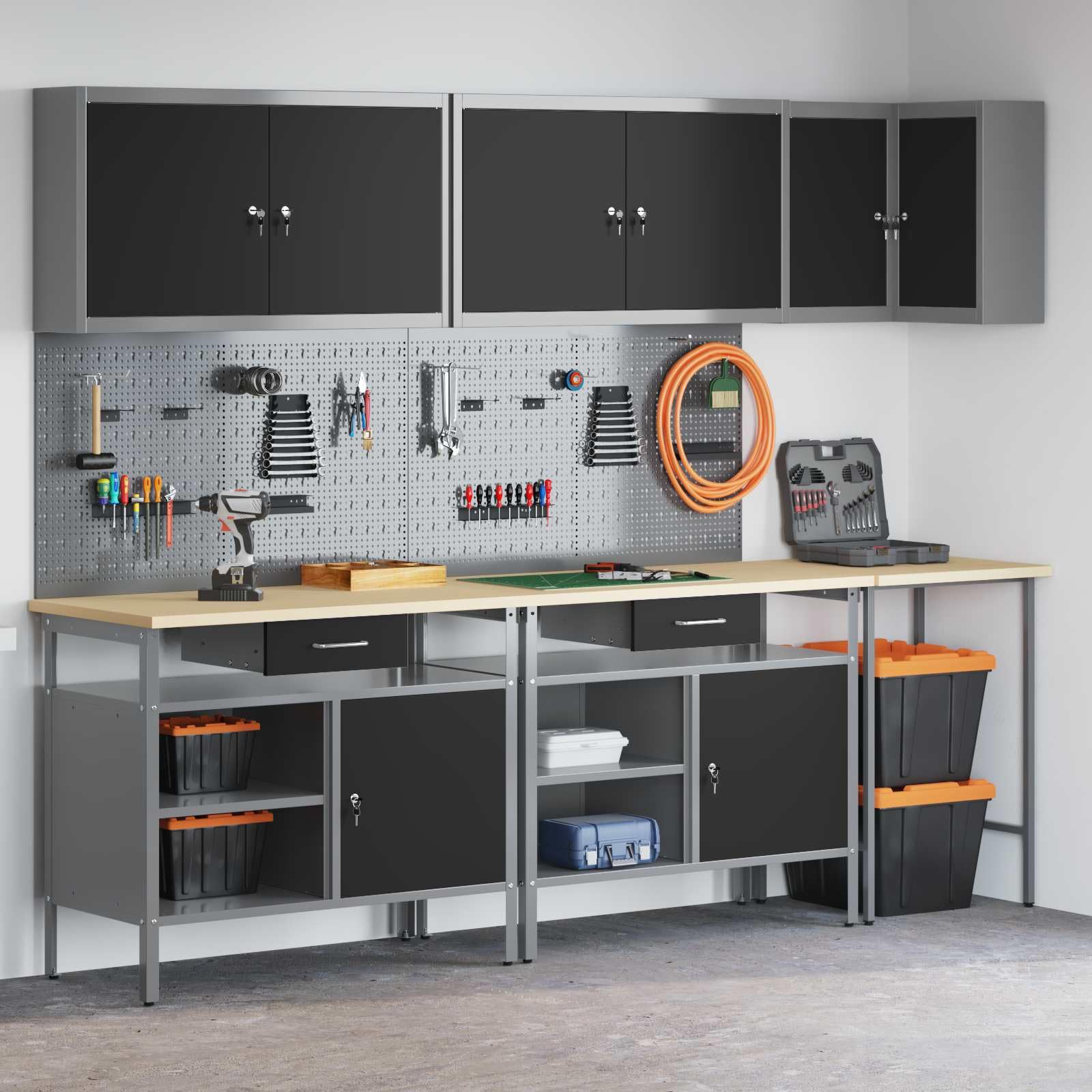 Arbeitsschrankset mit Schubladen 10-teilig Schwarz Grau aus pulverbeschichtetem Stahl und Holzwerkstoff 255x55x220 cm Werkstattwagen mit Werkzeugaufbewahrung und Ordnungssystem für Garage