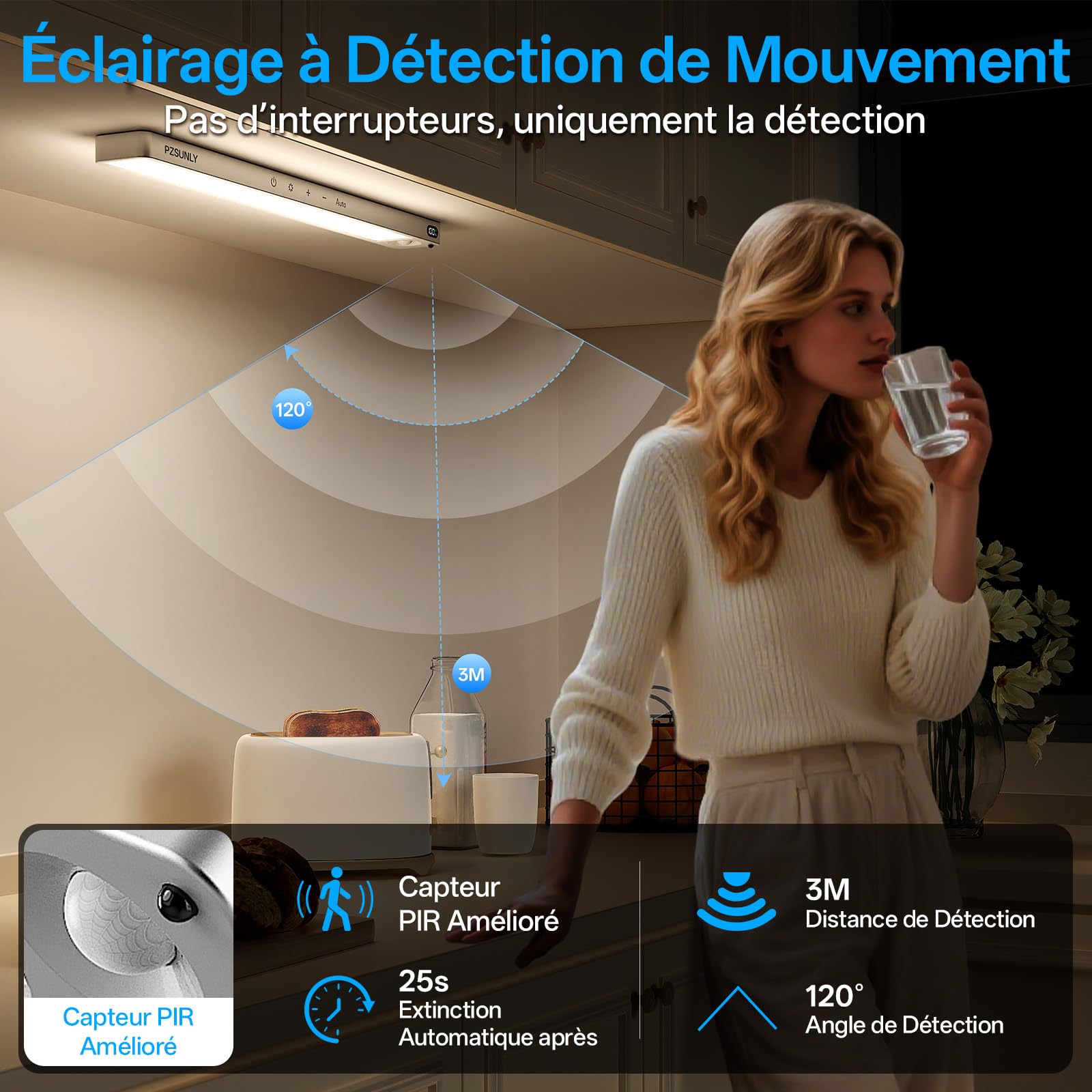 Lampe Placard LED Détecteur avec Indicateur de Batterie, 2200 mAh