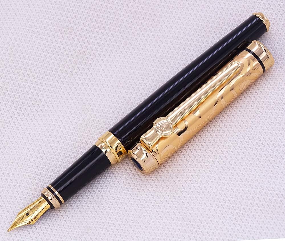 erofa Duke Sapphire Fountain Pen Gold Cap with Original Gift Box Writing Set, Iridium Medium Nib Unique Electroplated Engraving Cap for Office Gentlemen Ladies