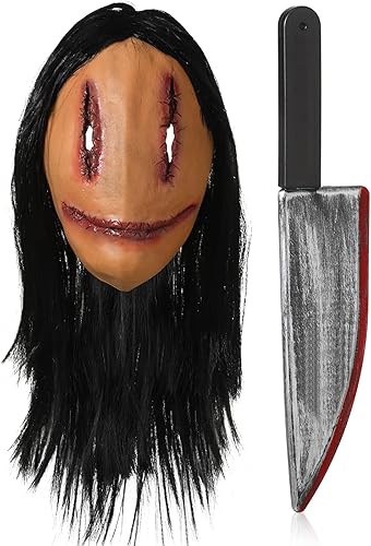 Liliful Máscara espeluznante de Halloween con cabello, máscara de diablo de terror con cuchillo, costuras de miedo, máscara de fantasma femenino de