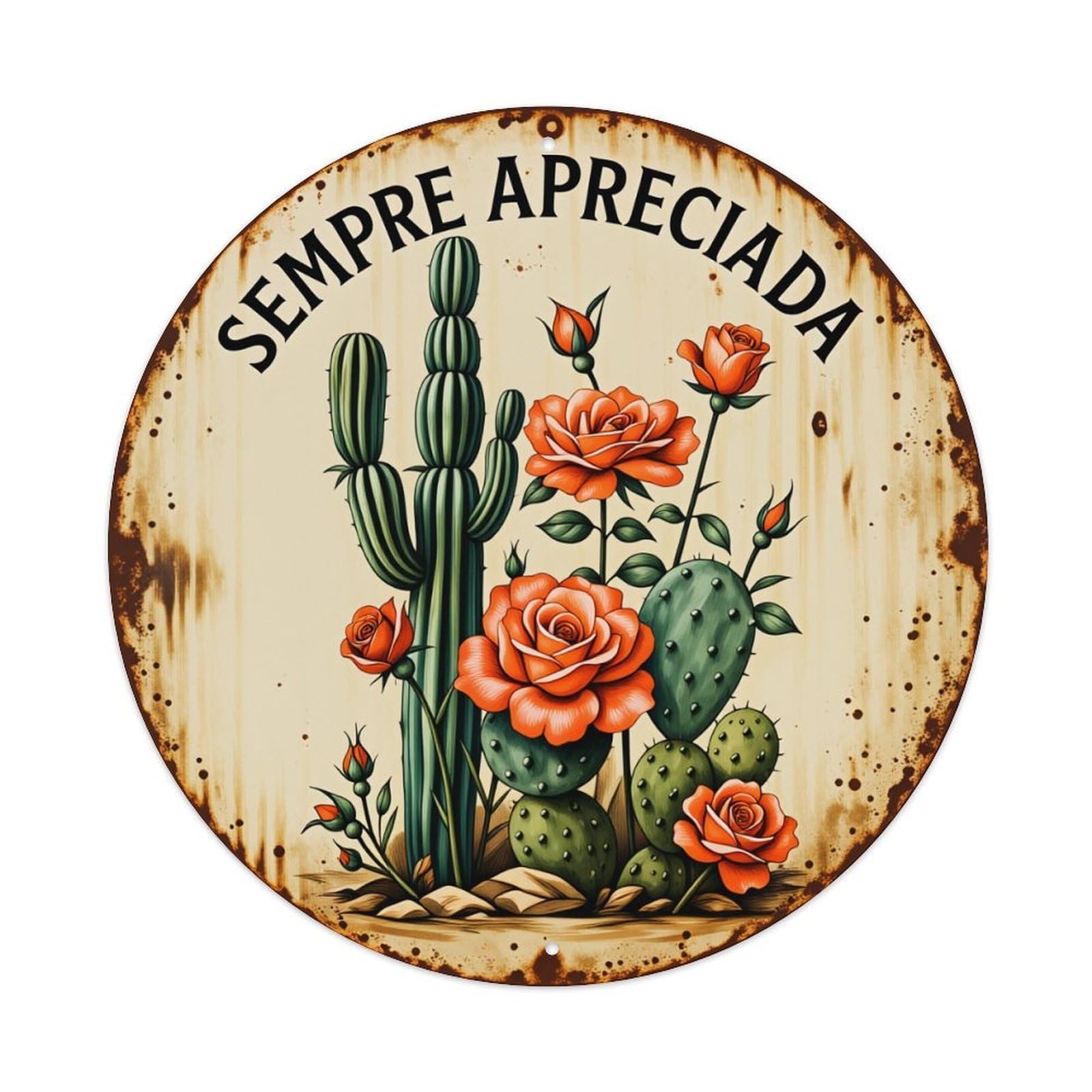 Cactus Roses Desert Flora Art Round Tin Sign Vintage Style Metal Sign Home Bar Garden Wall Plaque Decor Metal Poster 8x8 Inch