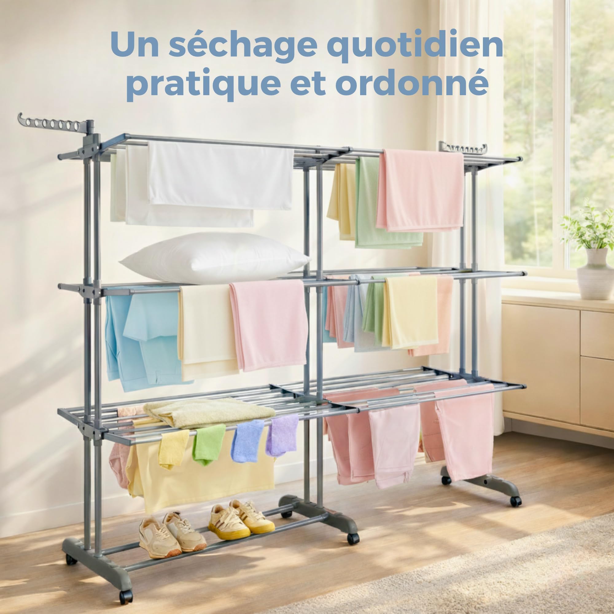 MELTA. Étendoir à Linge 4 Niveaux Extensible avec roulettes – Séchoir Pliable Grande Capacité 35 kg – Mobile, Verrouillable, pour Intérieur & Extérieur – Acier Renforcé – Gris