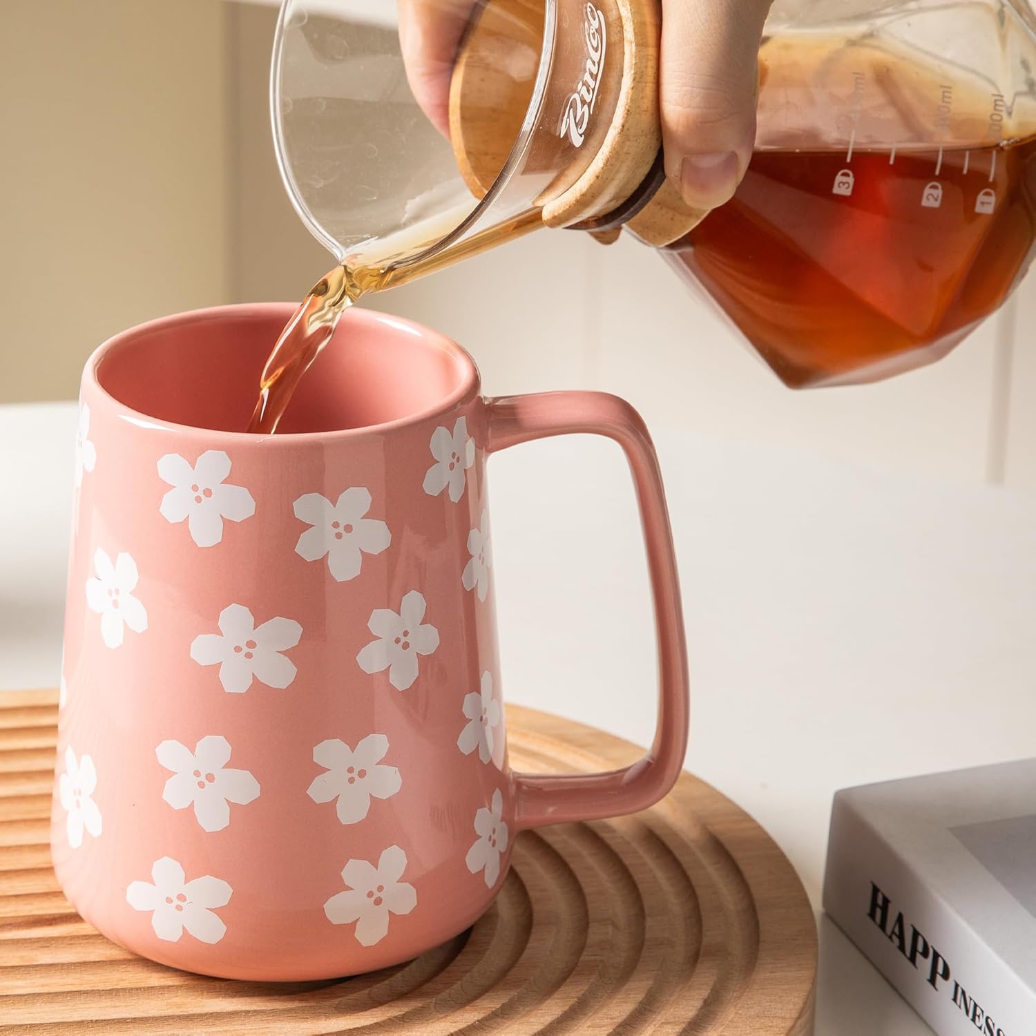 Ceramic Coffee mugs, 24 oz, Extra Large Mugs, Big Tea&Coffee Cups, Large Handle, Floral Pattern,Pottery Mugs,Wide Bottom Coffee Mug for Office/Home, Microwave and Dishwasher Safe. (Pink) - Image 6