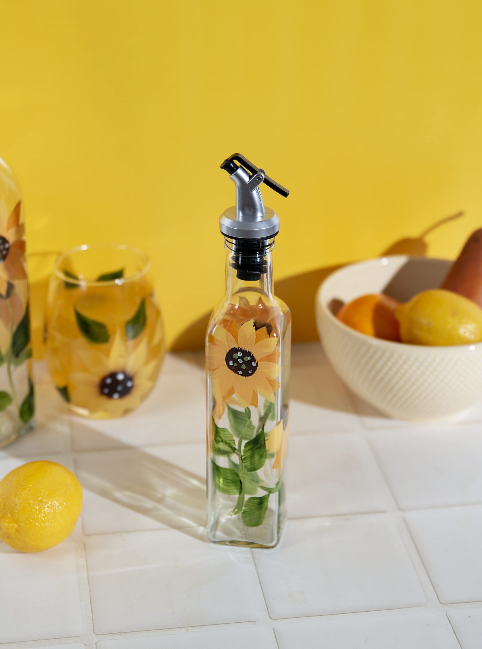 Vinagre de vidrio pintado a mano con aceite de girasol y vinagre para cocina, dispensador de aceite de oliva con boquilla de acero inoxidable para verterlo fácil