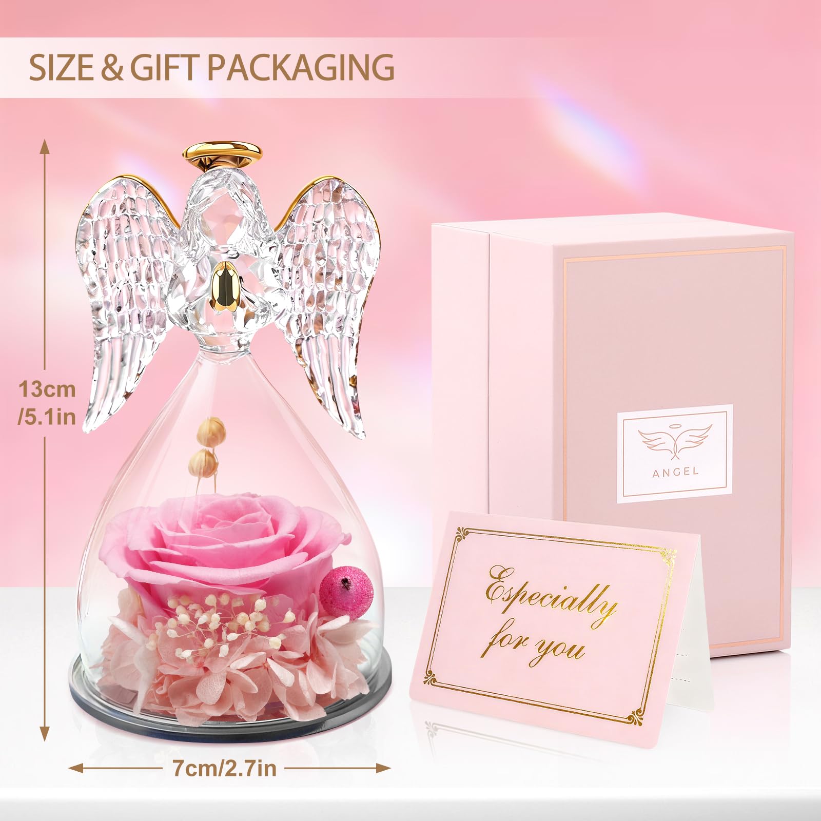 Yamonic Rosa Eterna Regalo Originale para Mujer,Rosa Preservada con Figura Ángel Regalos para Mamá,Regalos Cumpleaños Mujer Abuela,Flore Eterna Regalo Navidad San Valentin Dia de la Madre