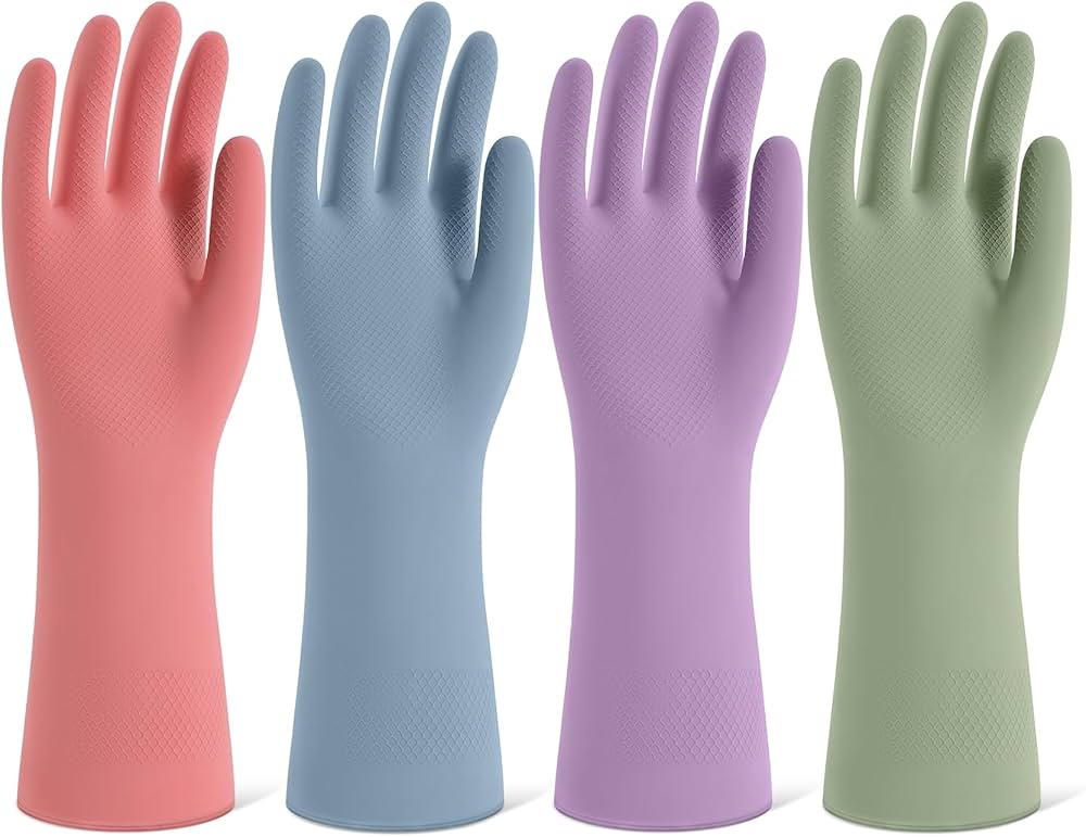 Rubber Cleaning Gloves for Dishwashing, 4 Pairs Reusable Kitchen Gloves for Washing Dishes and Household Cleaning, Colorful Dish Gloves with Flocked Lining and Non-Slip Grip, Pefect for Woman Men - L