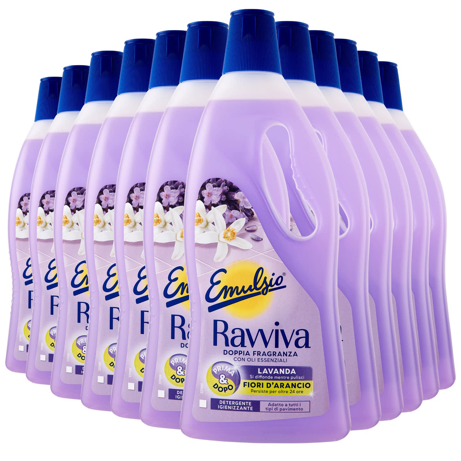 Emulsio Ravviva Doppia Fragranza Detergente Pavimenti ad Azione Igienizzante Formula Prima&Dopo con Lavanda e Fiori d'Arancio Profumo a Lunga Durata per Tutti i Tipi di Pavimento - 12 Flaconi da 750ml