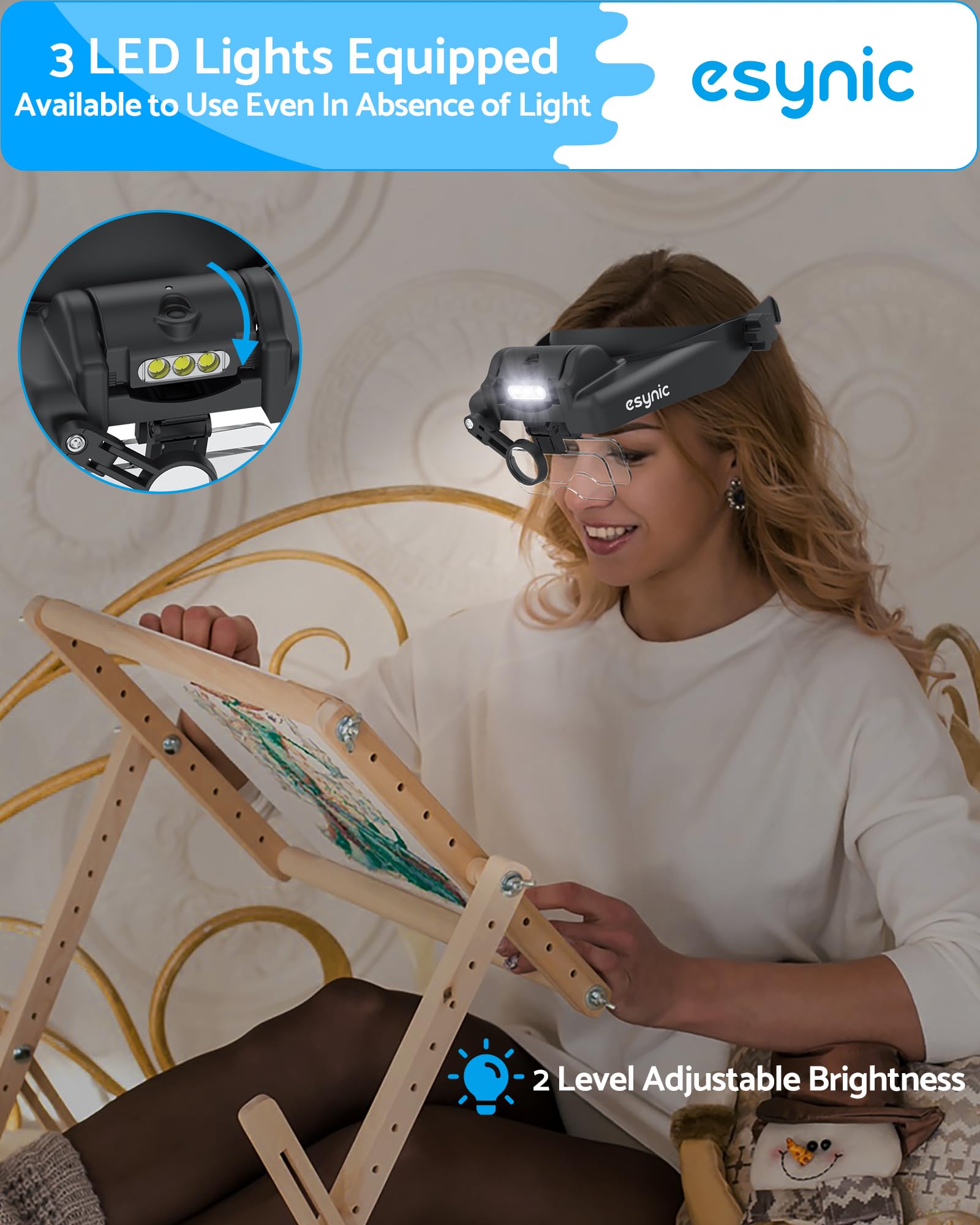 eSynic 1X-14X Loupe Frontale avec Sac de Rangement Lunette Grossissante 5 Verres Amovibles 1,0X 1,5X 2,0X 2,5X 3,5X avec Lampe LED Réglable Loupe Serre-tête pour Travaux Lecture Bijoux Réparation