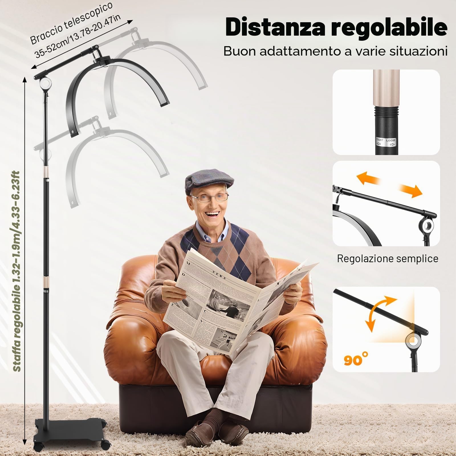 Lampada a mezzaluna, 40 W, LED da pavimento, luce a mezzaluna, angolo di rotazione di 350°, lampada cosmetica regolabile, 7 livelli di temperatura di colore e 10 livelli di luminosità