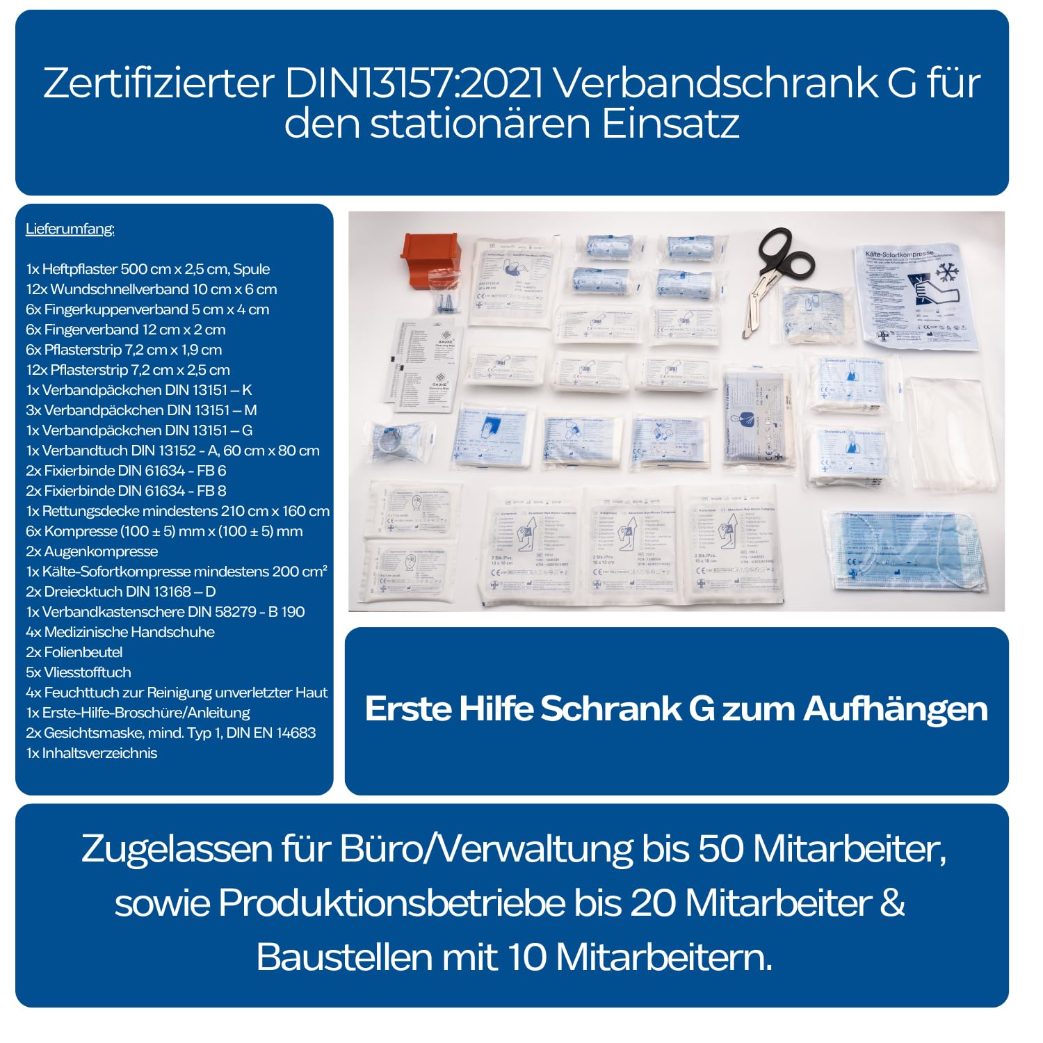 Verbandschrank G inkl. DIN 13157:2021 Füllung – Erste Hilfe Schrank groß - Metall, zweitürig – 3 Fächer + abschließbares Medikamentenfach – Wandmontage – Weiß – 60 × 50 × 13 cm