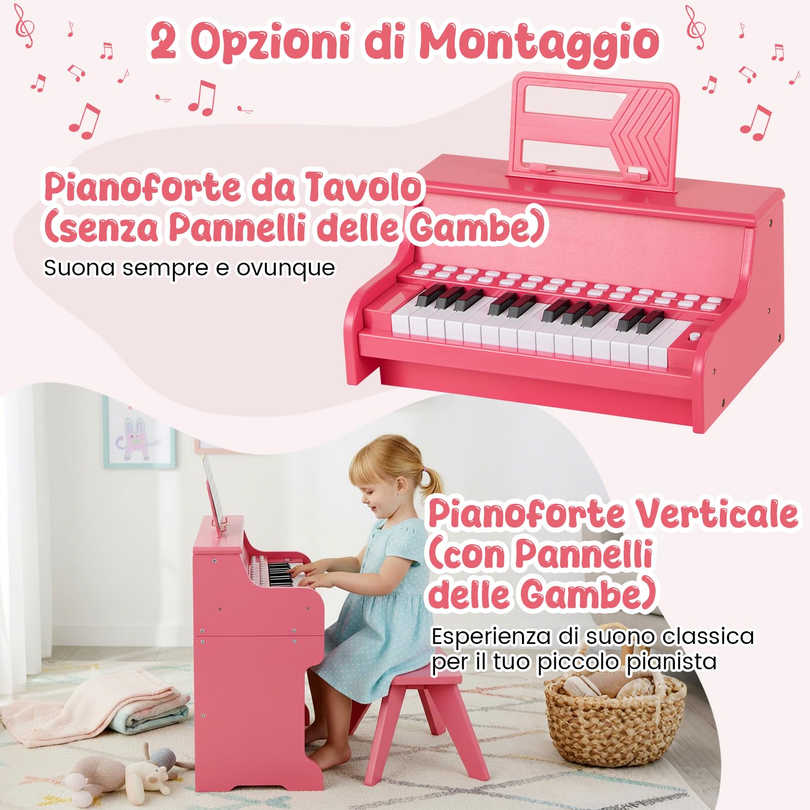 GYMAX Pianoforte Digitale in Legno per Bambini, Tastiera a 25 Tasti con Leggio, Sgabello, Tasti Illuminati, Modalità Didattica, 6 Strumenti e 8 Percussioni, Strumento Musicale (Rosa)