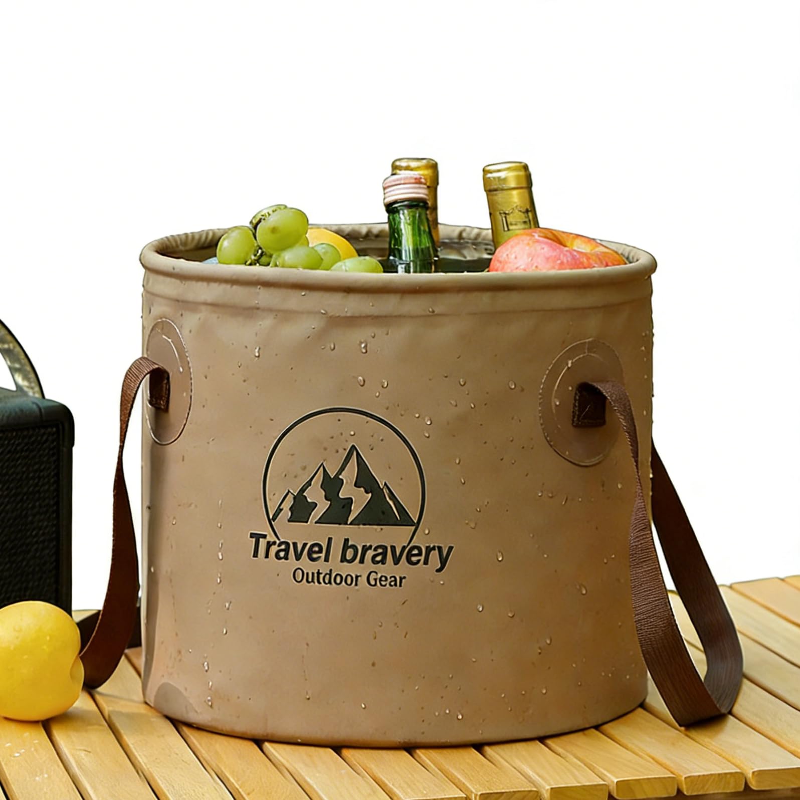 Travel Bravery Foldable Outdoor Bucket, 10L Capacity, Portable PVC Camping Water Container with Carry Handles, Coffee & Forest Green