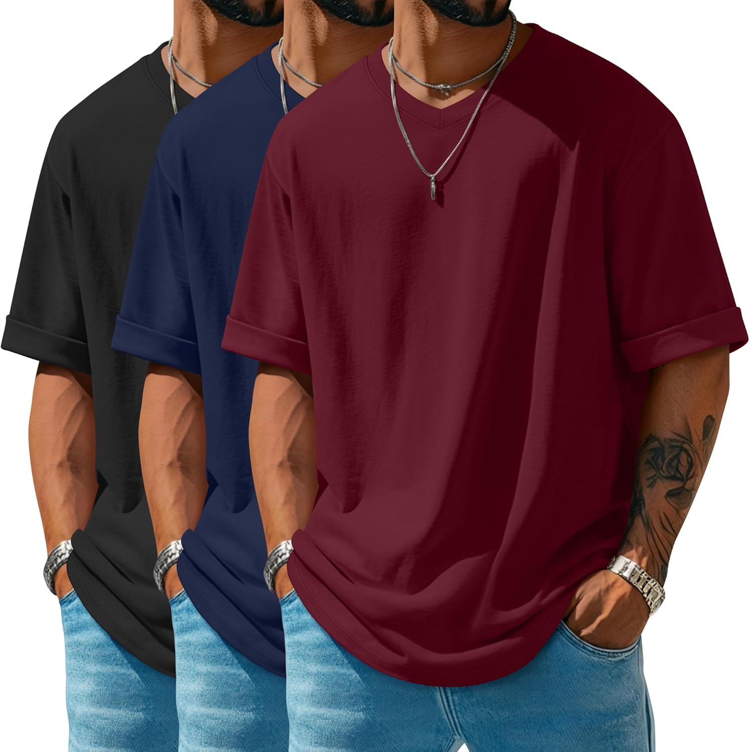 3 Pack Men's Oversized T-Shirts Short Sleeve Loose Fit Tops Casual V Neck Rolled Sleeve Tee Solid Basic Tshirt