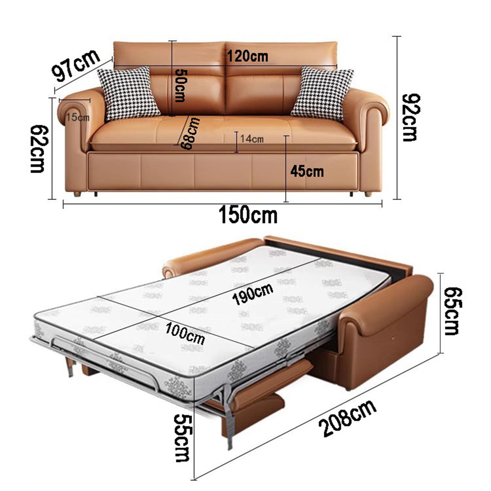 Opoiar Divano letto futon in memory foam, in finta pelle, convertibile, moderno, con braccioli, gambe in metallo, divano futon grigio per piccoli
