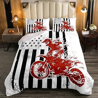 American Flag Comforter Set Motocross Rider Bedding Set for Kids Boys Teens,United States Flag Black White Down Comforter Speed Dirt Bike Bed Quilt Motorbike Kids Car Theme Room Decor Twin Size