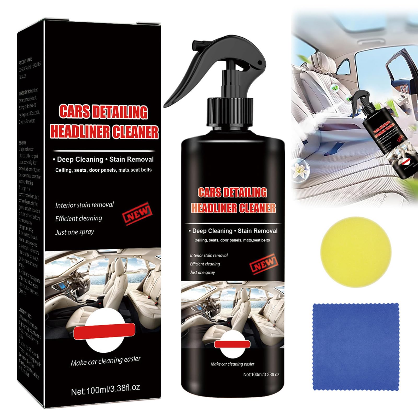 AzoneeAll-purpose Car Cleaners, Professional Interior Headliner Cleaner for Cars, Detailing Cleaner with Sponge & Towel, Effective Car Interior Cleaning Tool
