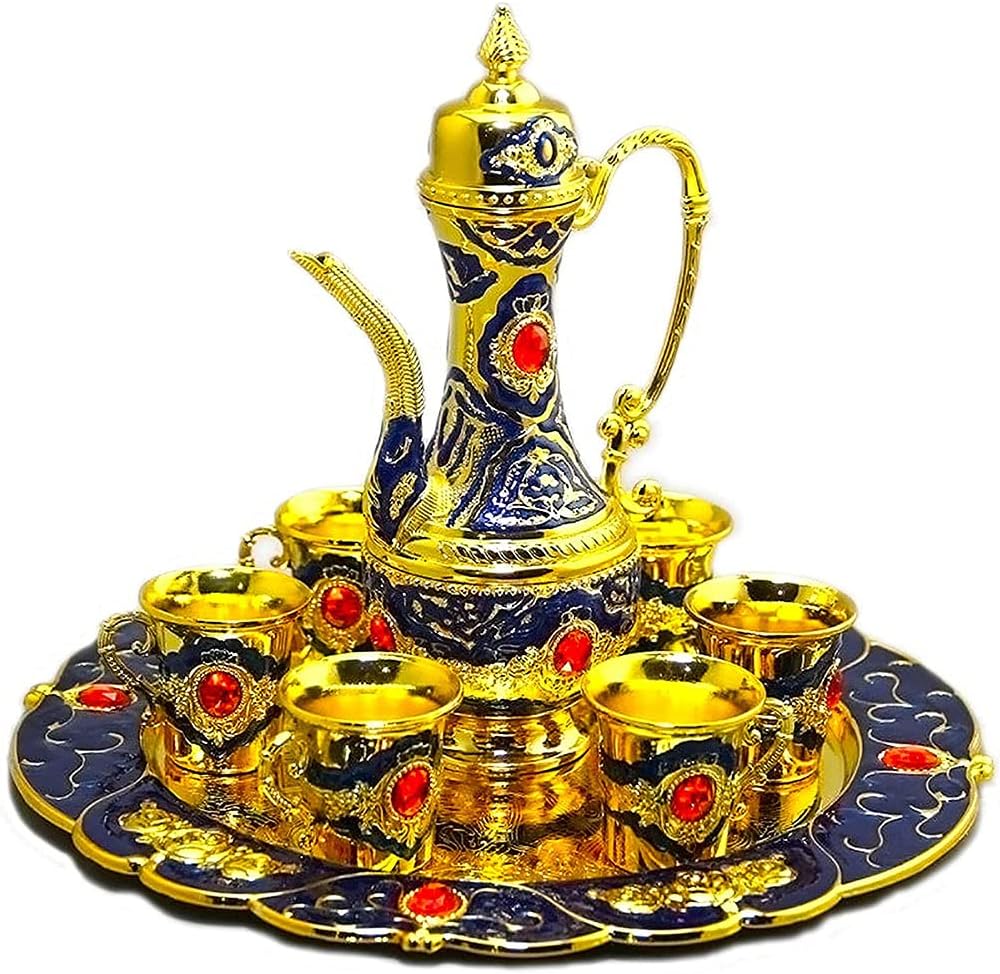 Tea Set Silver Copper Set Teapot Coffee Pot Pattern Decorations Inlaid Crystal Stones - Handmade 100% Copper Stainless for Serving and Drinking Vintage Housewarming Gift (Black 8)