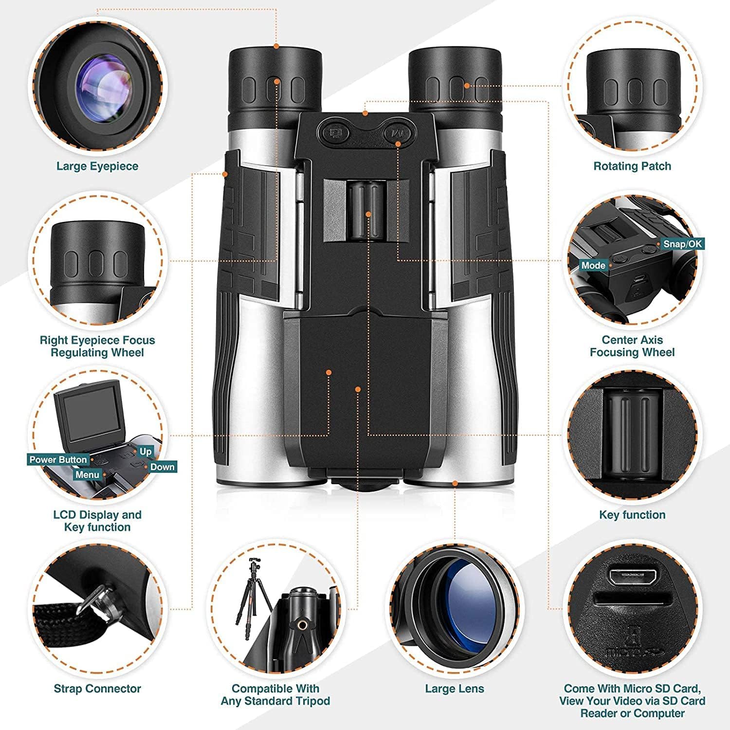 Prismáticos digitales LCD de 2.4 pulgadas con cámara, grabación de video de 48 MP y 2.5 K, óptica de 12 x 32, zoom digital 8X para observación de aves, caza, conciertos y deportes, incluye tarjeta de