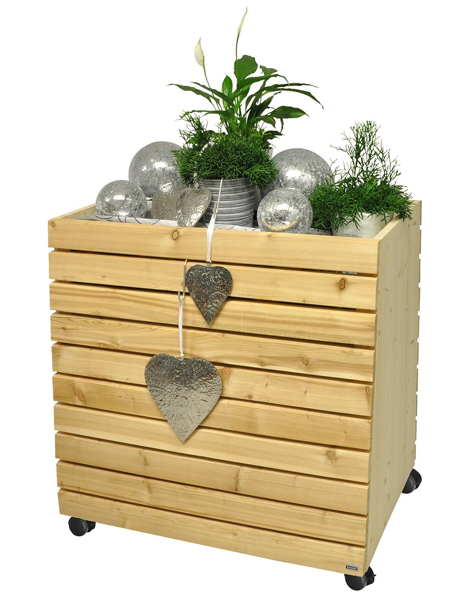 WAGNER GreenFAMILY - Huerto Urbano móvil - GreenBOX - XL - Madera Blanda Maciza, FSC®, Natural, 79 x 80 x 53/43 cm, 4 Ruedas, 2 Frenos, Tapa de Almacenamiento, Incl. Bolsa para Plantas - 25013101