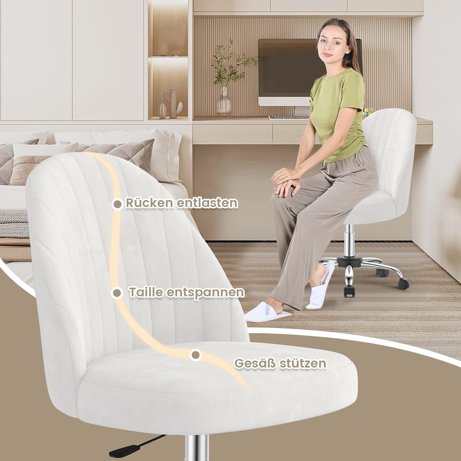 naspaluro Silla De Oficina En Casa, Silla De Escritorio, Silla Tocador Regulable En Altura, Resistente Terciopelo Transpirable, para Estudio, Dormitorio, Estudio (Beige, Small)