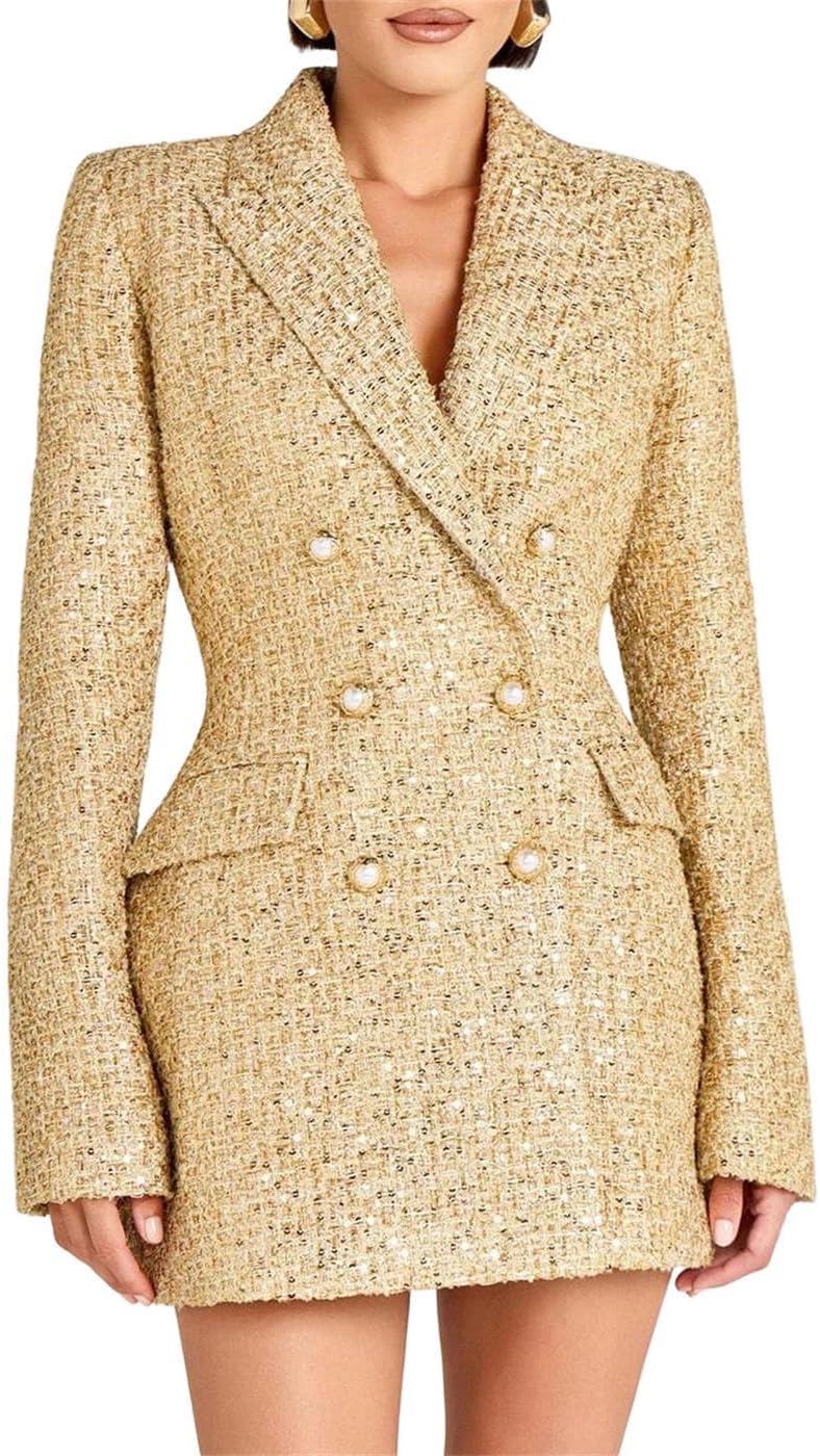 Women Slim Spliced Sequins Lapel Long Sleeve Double Breasted Wedding Party Blazer Jacket