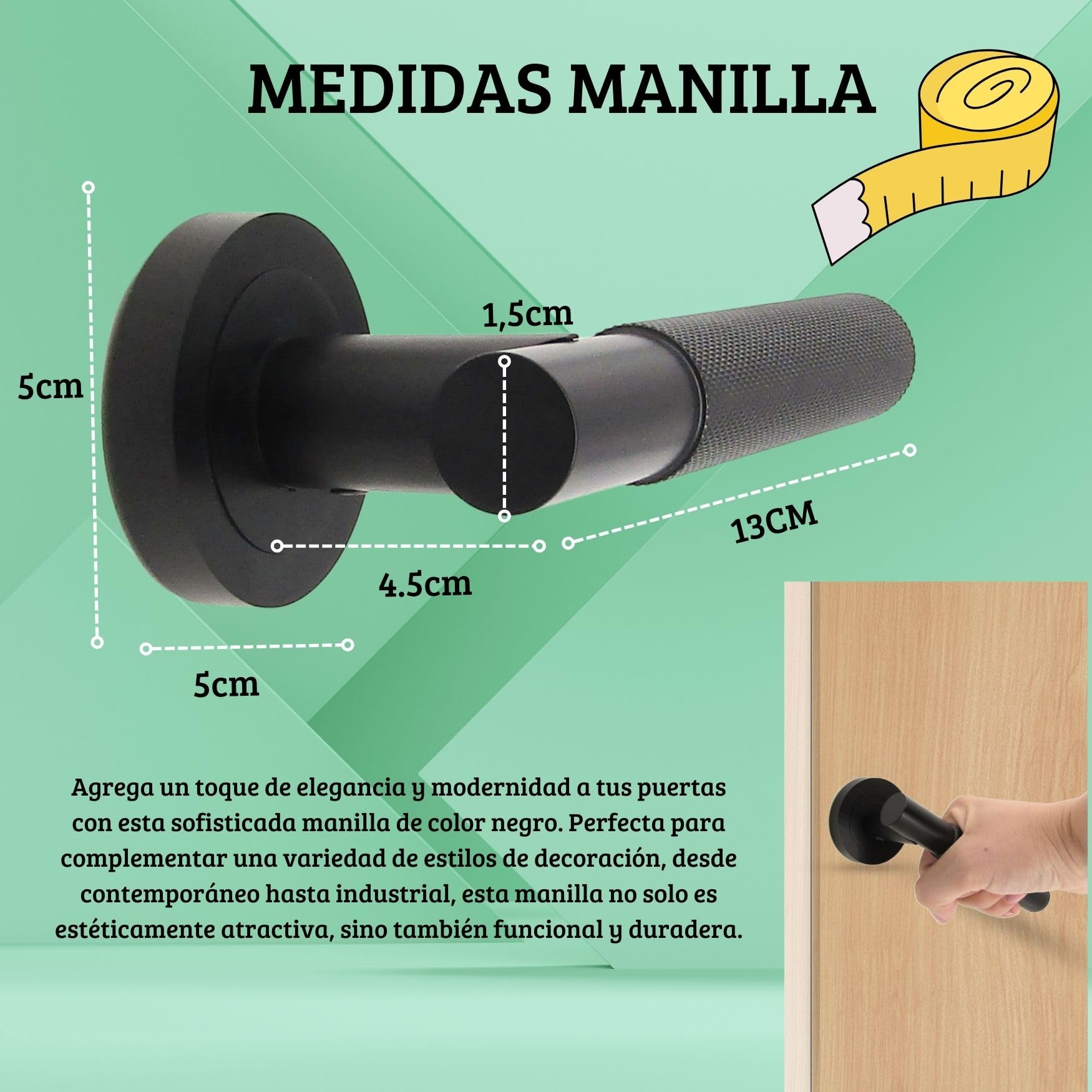 AZERODESIGN- Manillas Puertas Interior- Manetas Puertas Interior Casa- Juego Manillas Puerta Madera- Color Negro-Roseta Redonda 50x50mm Largo de la Manilla 130mm(ROSETA REDONDA)