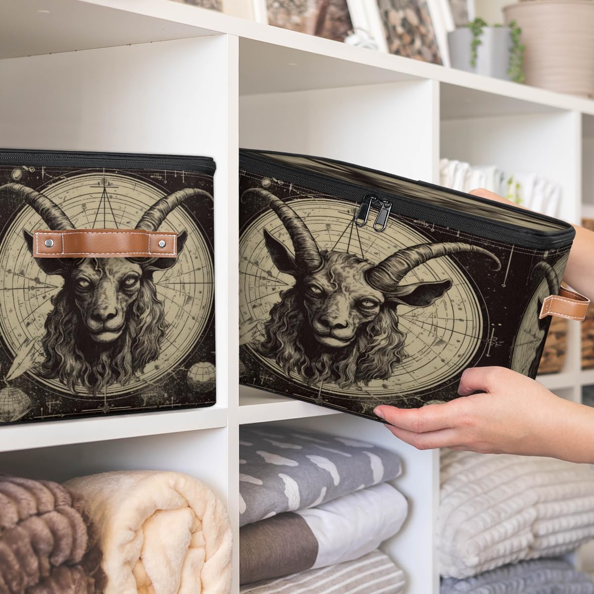 Storage Bin Set of 2 Evil Sheep Storage Basket with Zipper Lid & Handle Foldable Closet Shelf 2 Pack Cloth Organizer Basket Cube Bins Clothes Organizer for Bedroom, Nursery