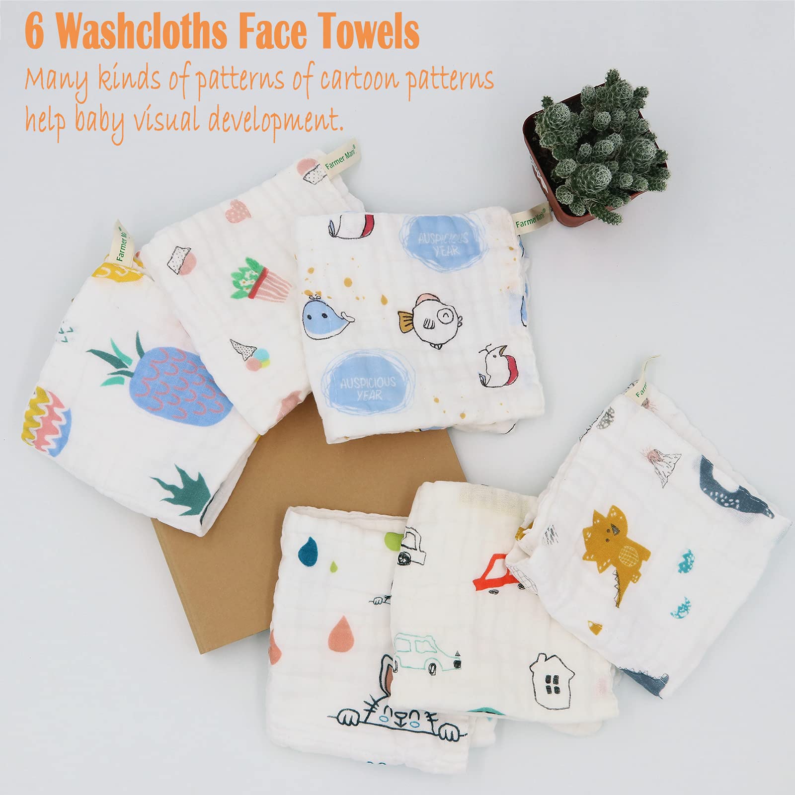 Juego de paños de muselina para bebé (6 unidades), 6 capas, 100% algodón natural, ideal para pieles sensibles y bebés, toallitas reutilizables, multiusos de 30 x 30 cm (cuadrado)