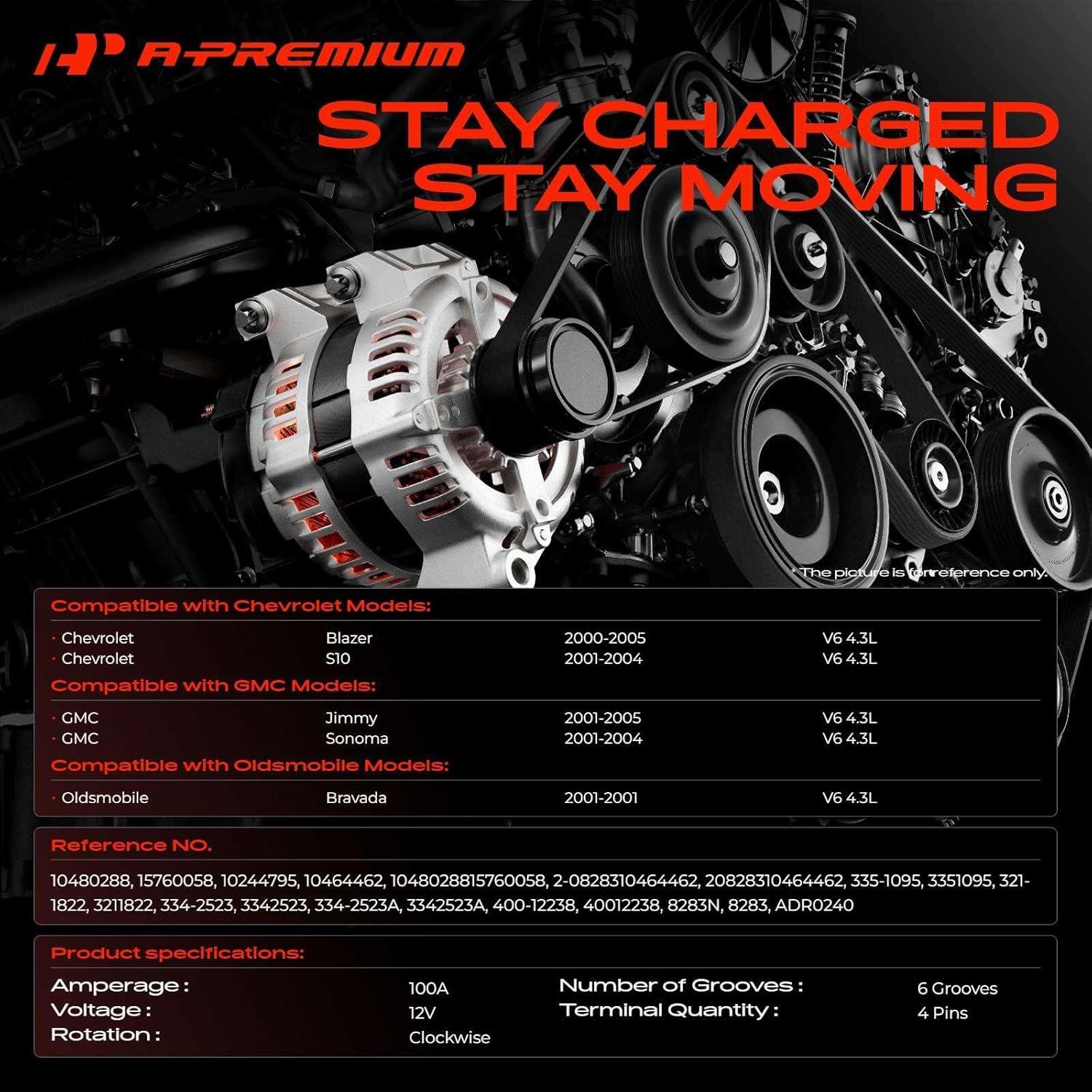 A-Premium Alternator Compatible with Chevrolet S10 01-04, Blazer 00-05 & GMC Jimmy 01-05, Sonoma 01-04 & Oldsmobile Bravada, V6 4.3L, 100Amp 12V CW 6-Groove Clutch Pulley, Replace# 40012238, 10480288