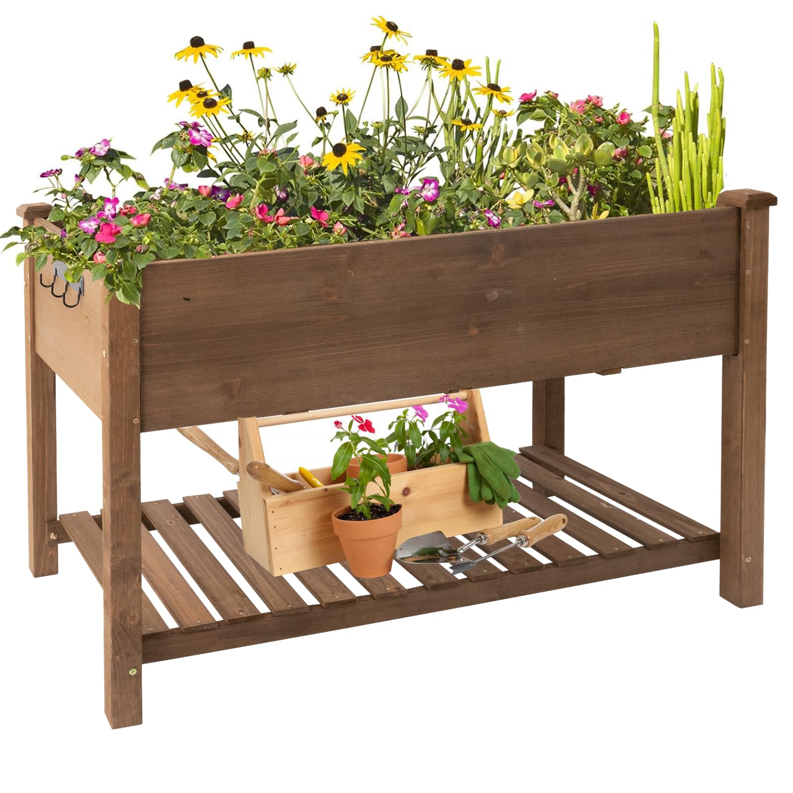 Raised Garden Bed Outdoor with Storage Shelf, Protective Liner, Planter Boxes Outdoor for Vegetable, Herb, and Flower Cultivation-38×23×30in-Brown