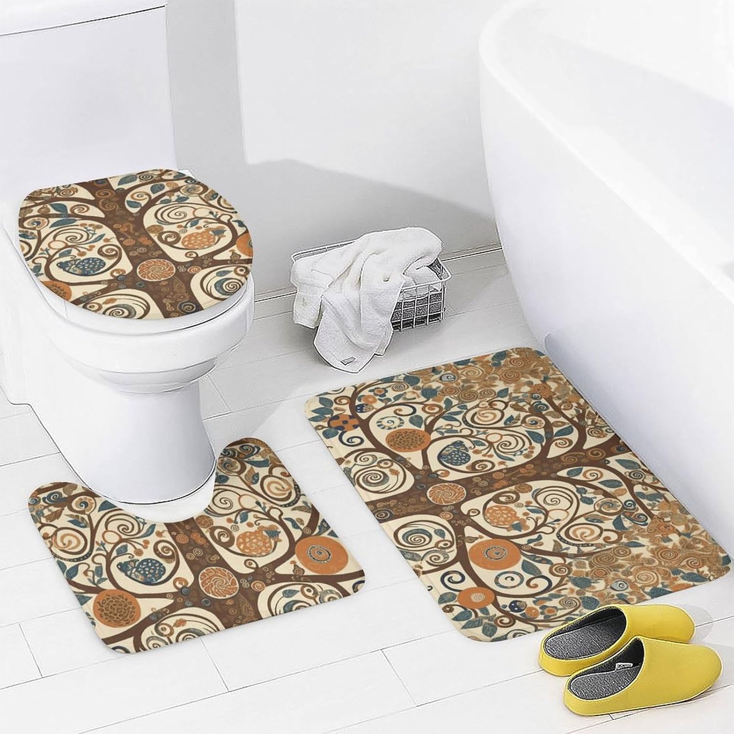 Tree of Life Shower Curtain Set 4 Piece, Non-Slip Bath Mat with Toilet Lid Cover and Waterproof Shower Curtain with 12 Hooks, Complete Bathroom Set for Home Decor