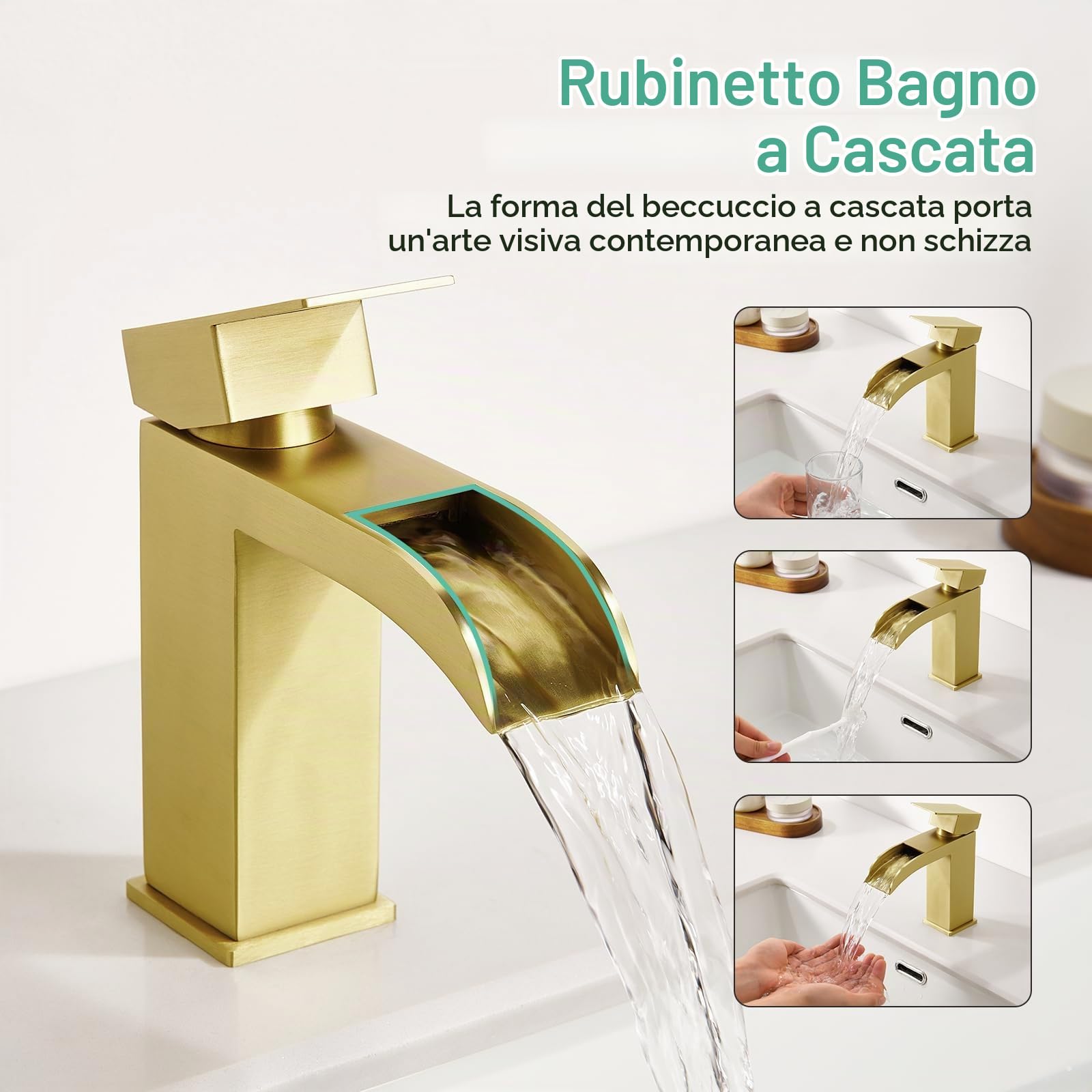 Faustina Rubinetto per Lavabo da Bagno Cascata e Piletta Pop Up con Troppopieno, Miscelatore Monocomando per Bagno Quadrato, oro