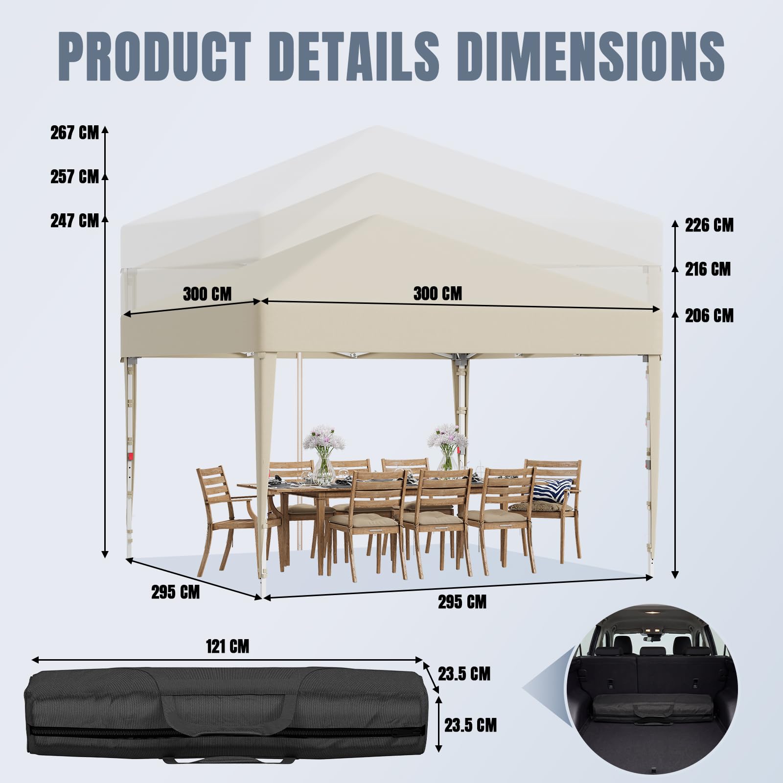 JUMMICO Tonnelle Pliable 3x3m Imperméable Stable au Vent Hauteur Réglable Beige