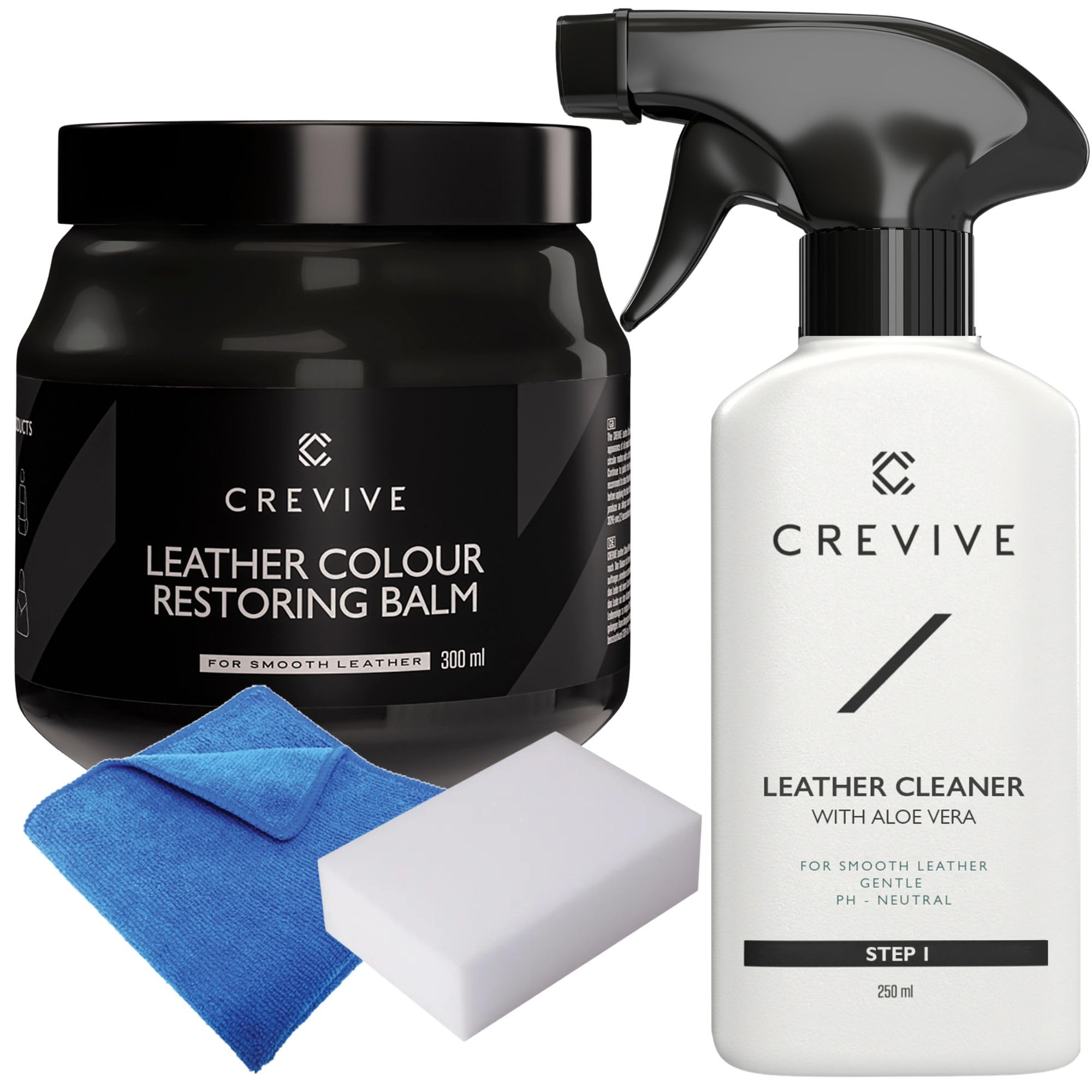 Leather Cleaner 250 ml & Leather Restorer Black 300 ml - Leather Colour Restorer - Leather Restorer for Sofas - Leather Balm Black