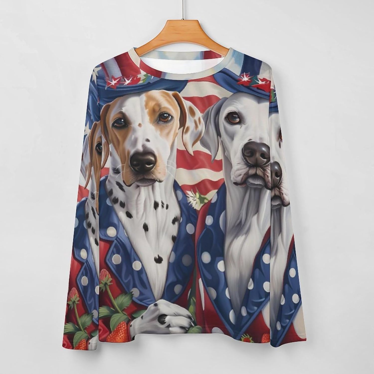 Dalmatians Dog U.S. Flag Women's Pajama Top Sleepwear Pajamas Sleep T-Shirt Long Sleeve Shirt Crewneck Tee