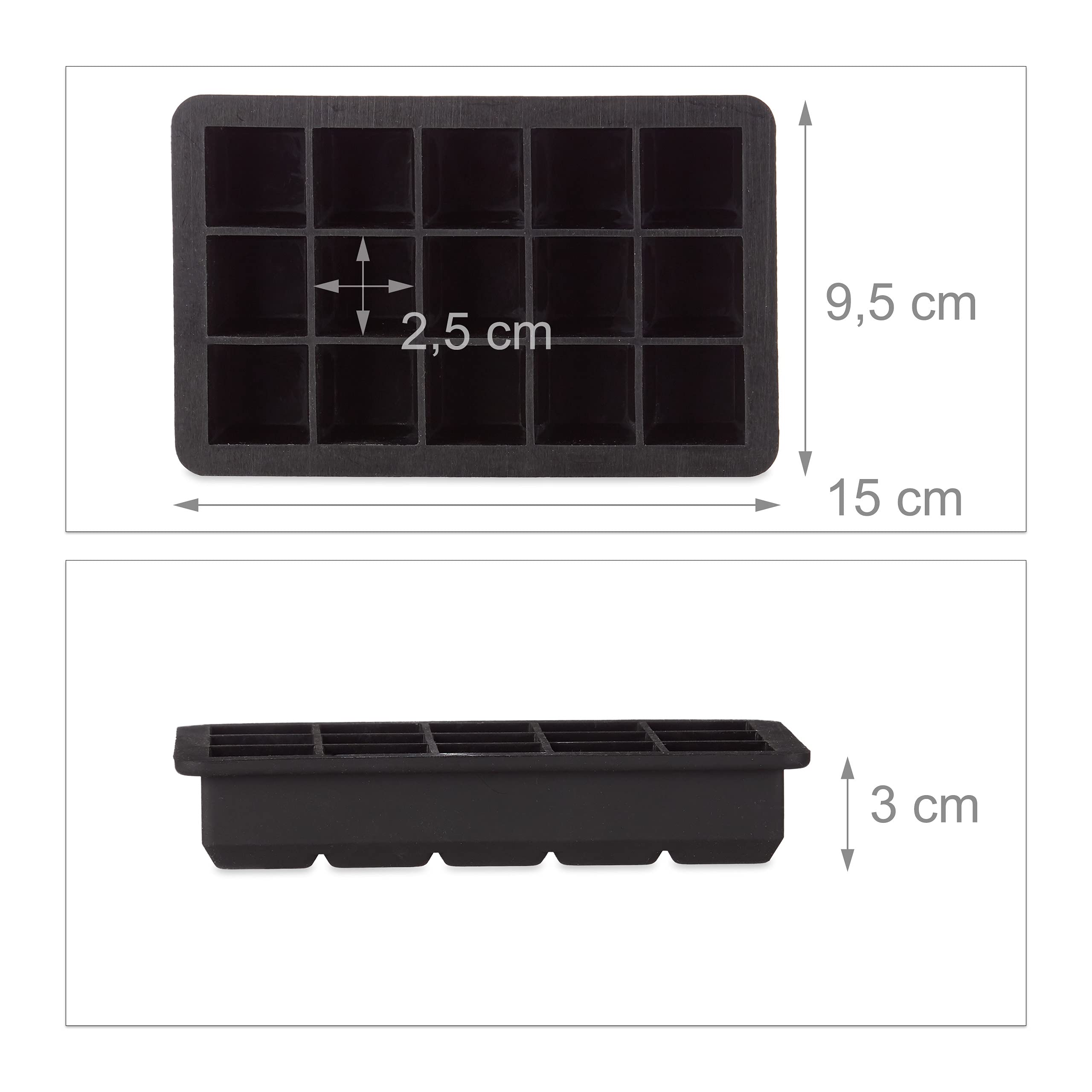 10x Forma per Ghiaccio in Silicone, Vaschetta per Cubetti, Forma-Ghiaccio 2,5 cm, HLP, 3 x 15 x 9,5 cm, Nero