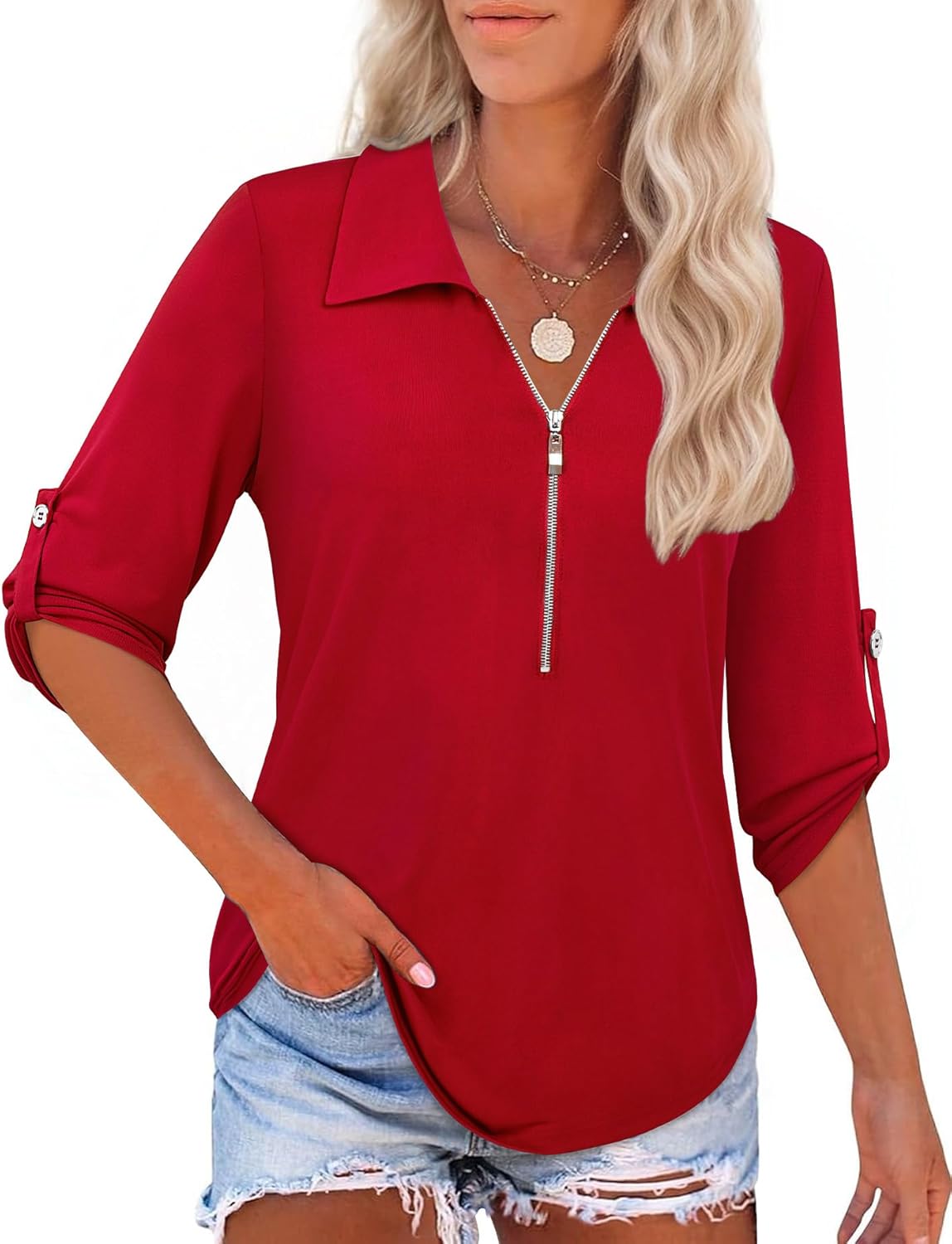 Bulotus Womens 3/4 Sleeve Tops Dressy Casual Shirts Work Business Zipper Blouses Collared Long Tunic 2026 Spring Summer
