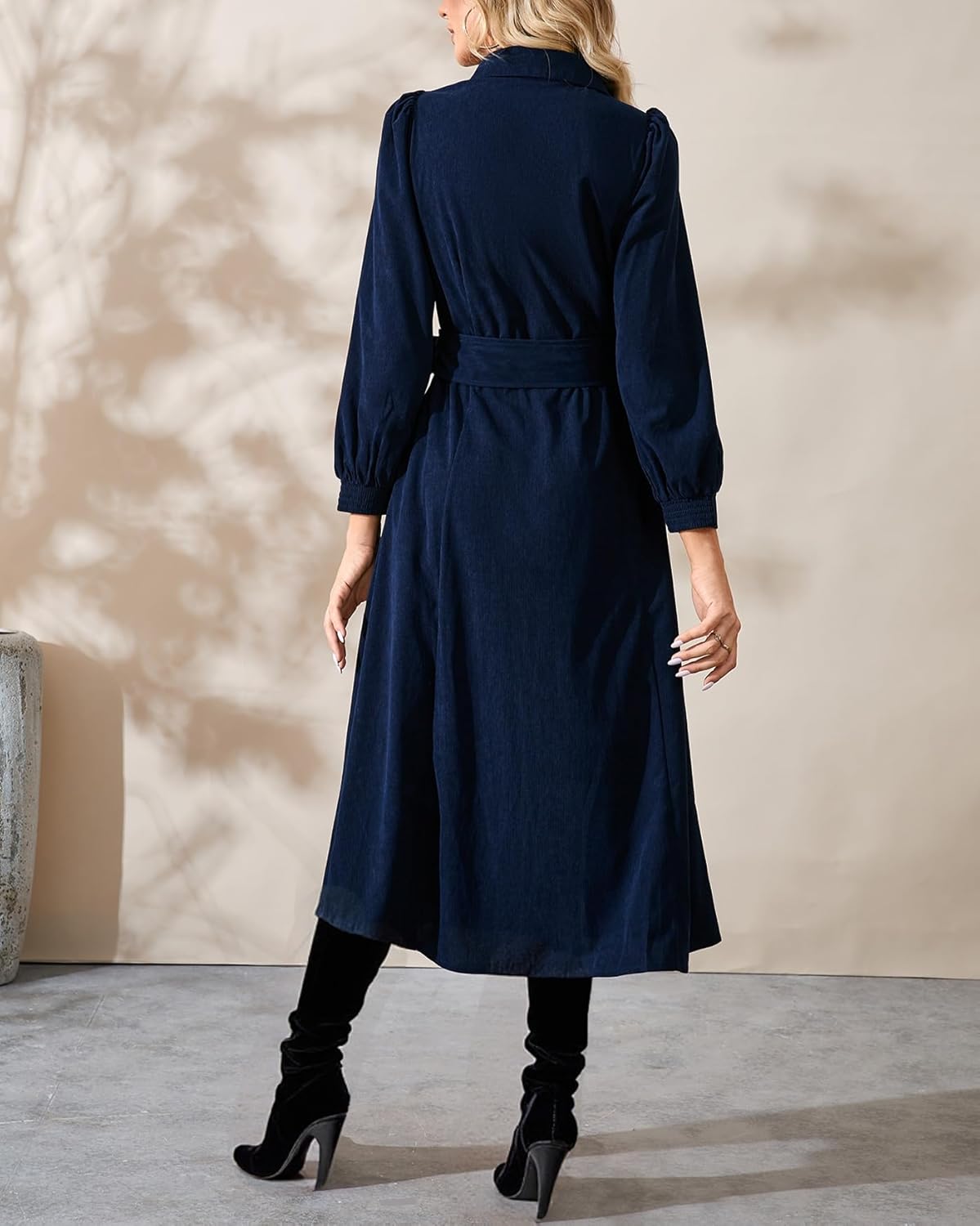 Women's Corduroy Midi Dress Long Sleeve Button Down Belted Flowy Shirt Dress with Pockets - Image 6