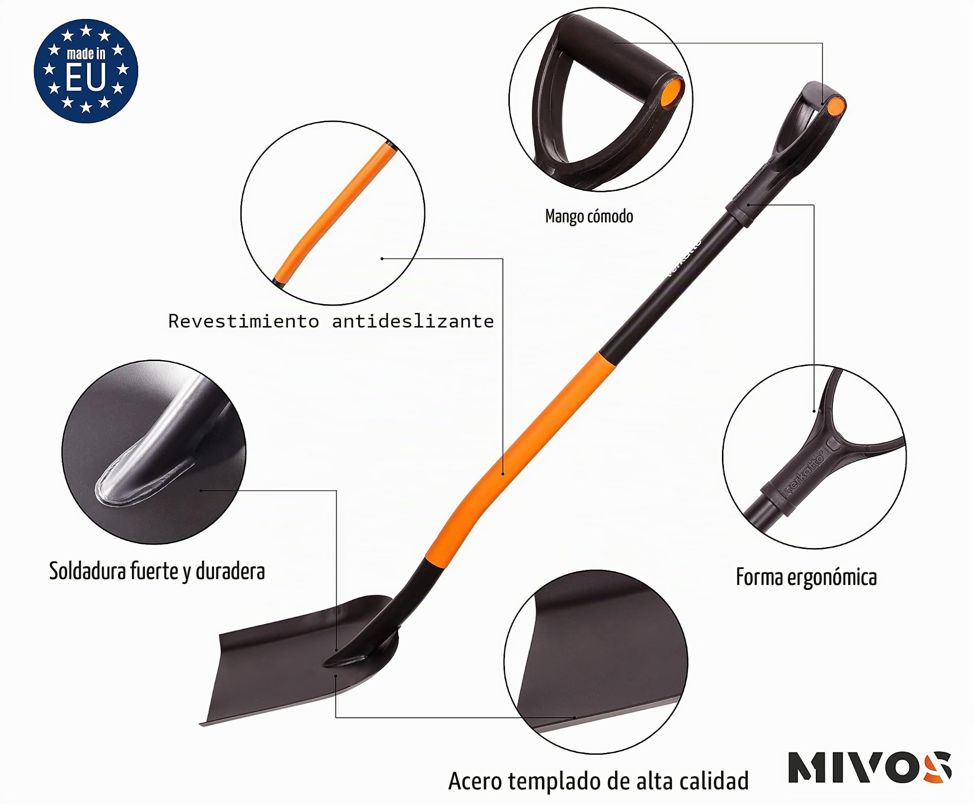 Mivos Pala de Arena de Acero al Carbono para Trabajos de Construcción y Jardinería - Longitud 124 cm - Pala de Jardinería - Mango D y Mango de Acero