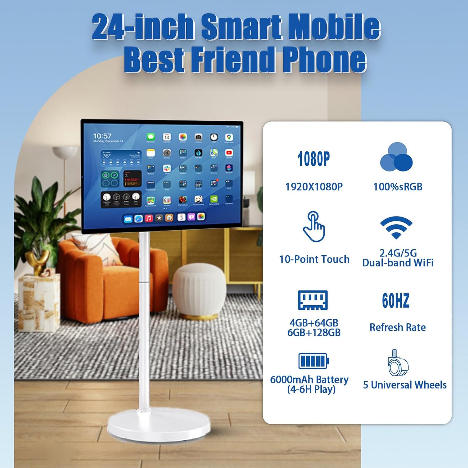 24 Inch FHD Smart Portable TV on Wheels, Rolling TV 1080P Touch Screen, Android 12, Built-in 4–6H Battery, Full Swivel Rotation 4+64GB