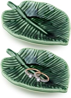 2 Pieces Leaf Trinket Dish Earring Dish Ring Dish Holder Green Jewelry Dish Decorative Trinket Tray Plate Boho Aesthetic Room Decor Ceramic Jewelry Trays for Engagement Wedding Birthday Gift Necklace