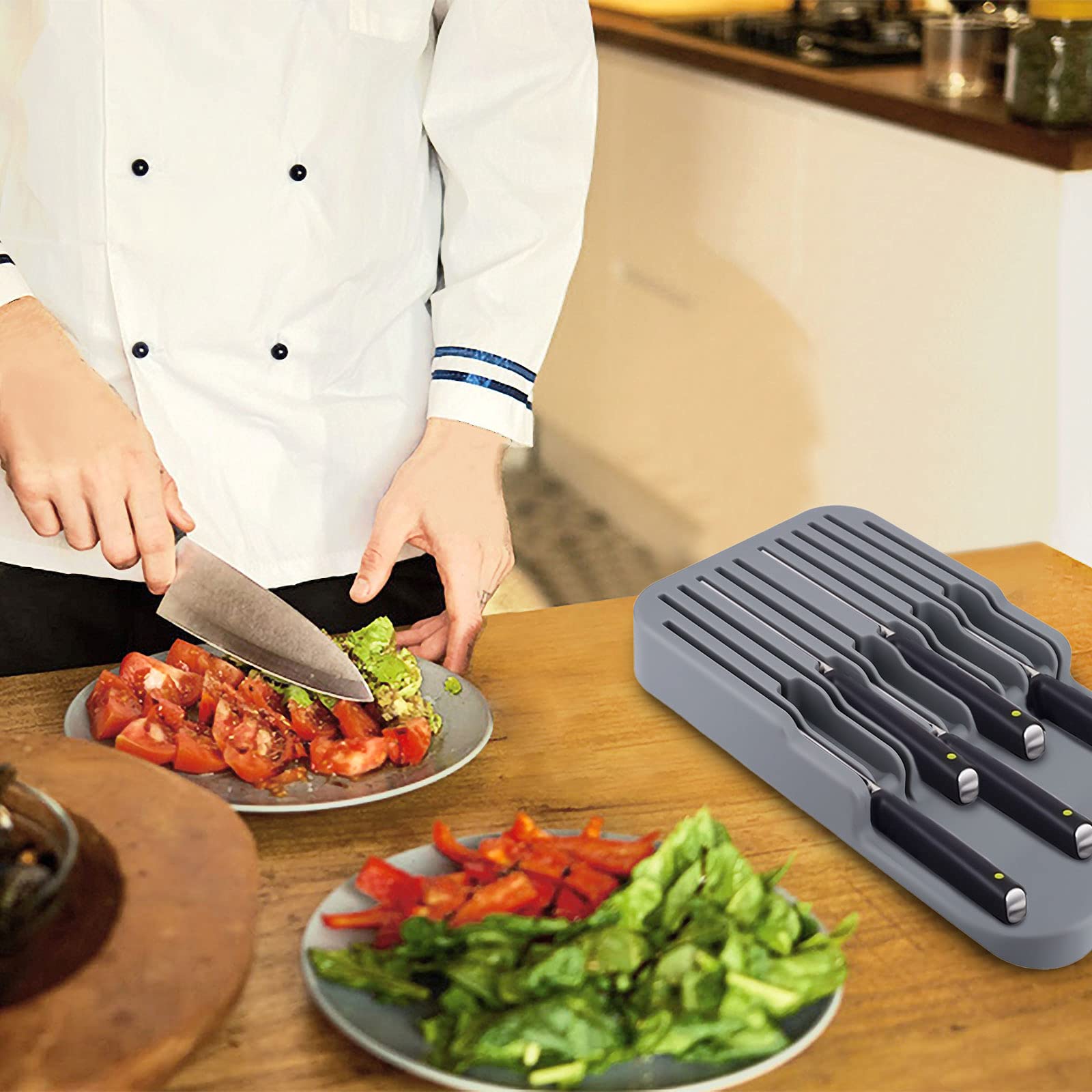 Portacoltelli organizzatore,Blocco Coltelli in Plastica di Alta qualità,Cassetti Organizzatore Coltelli e Supporto per Coltelli con Fessure di Sicurezza,Portacoltelli da Cucina(Grigio)